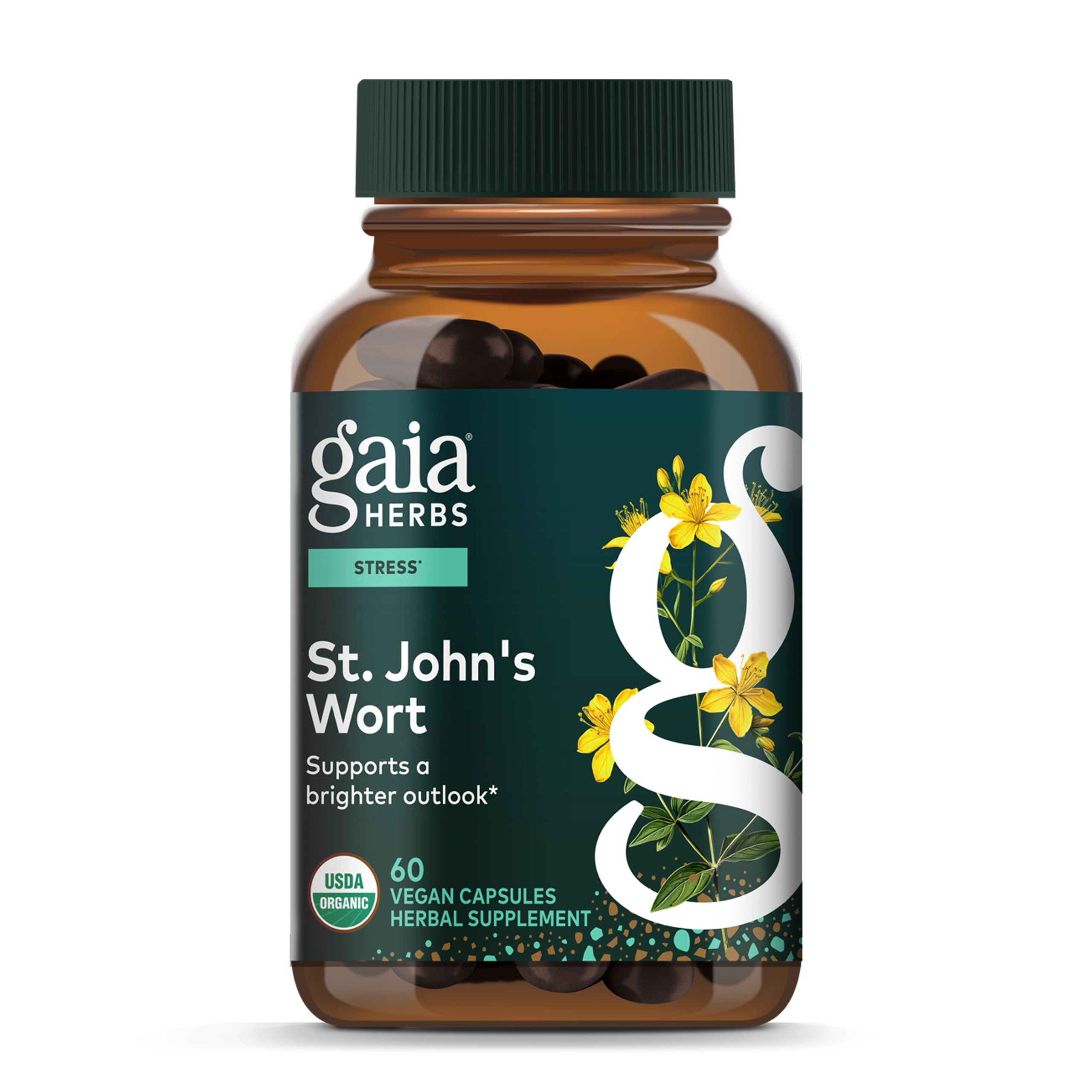 Gaia Herbs frasco St. John's Wort mostrando presentación clara y beneficio de apoyo nervioso