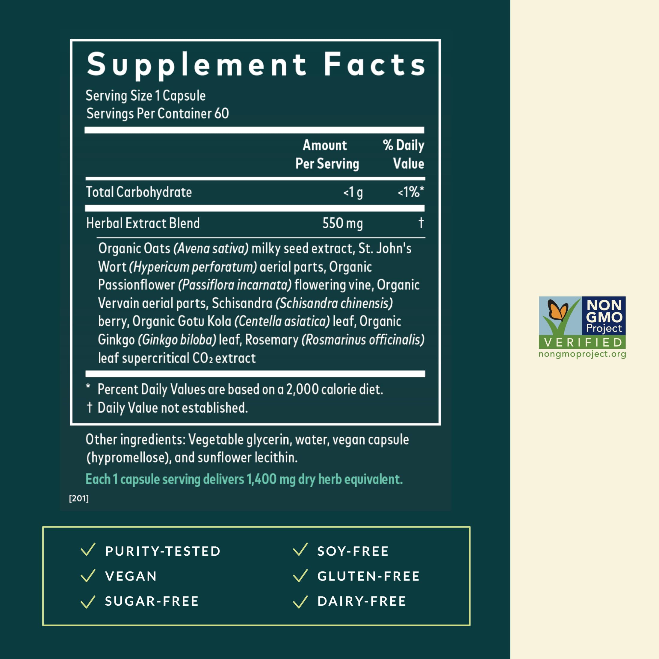 Gaia Herbs etiqueta con ingredientes principales y garantía de calidad