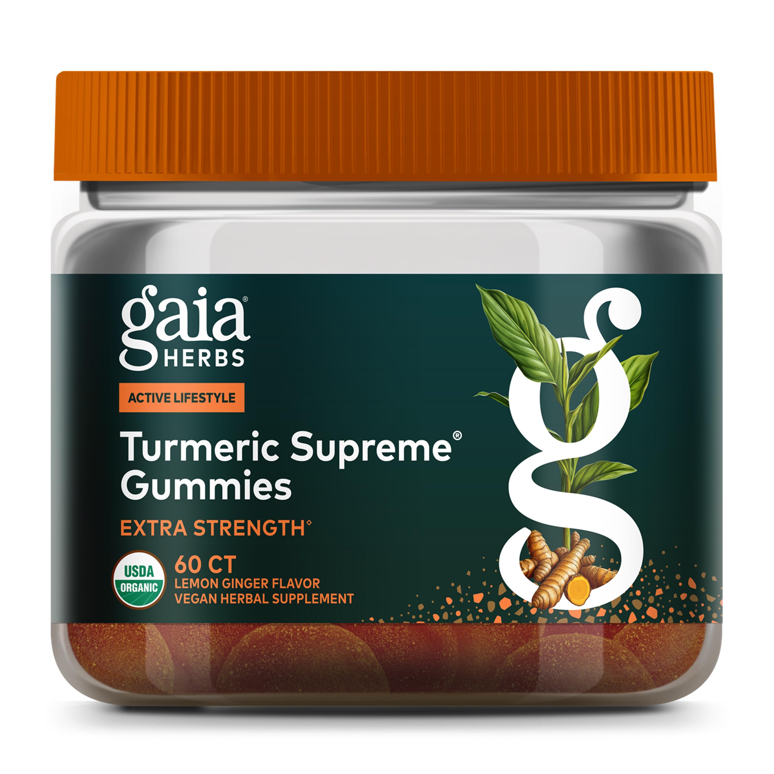 Gaia Herbs frasco frontal mostrando la etiqueta y beneficios visibles