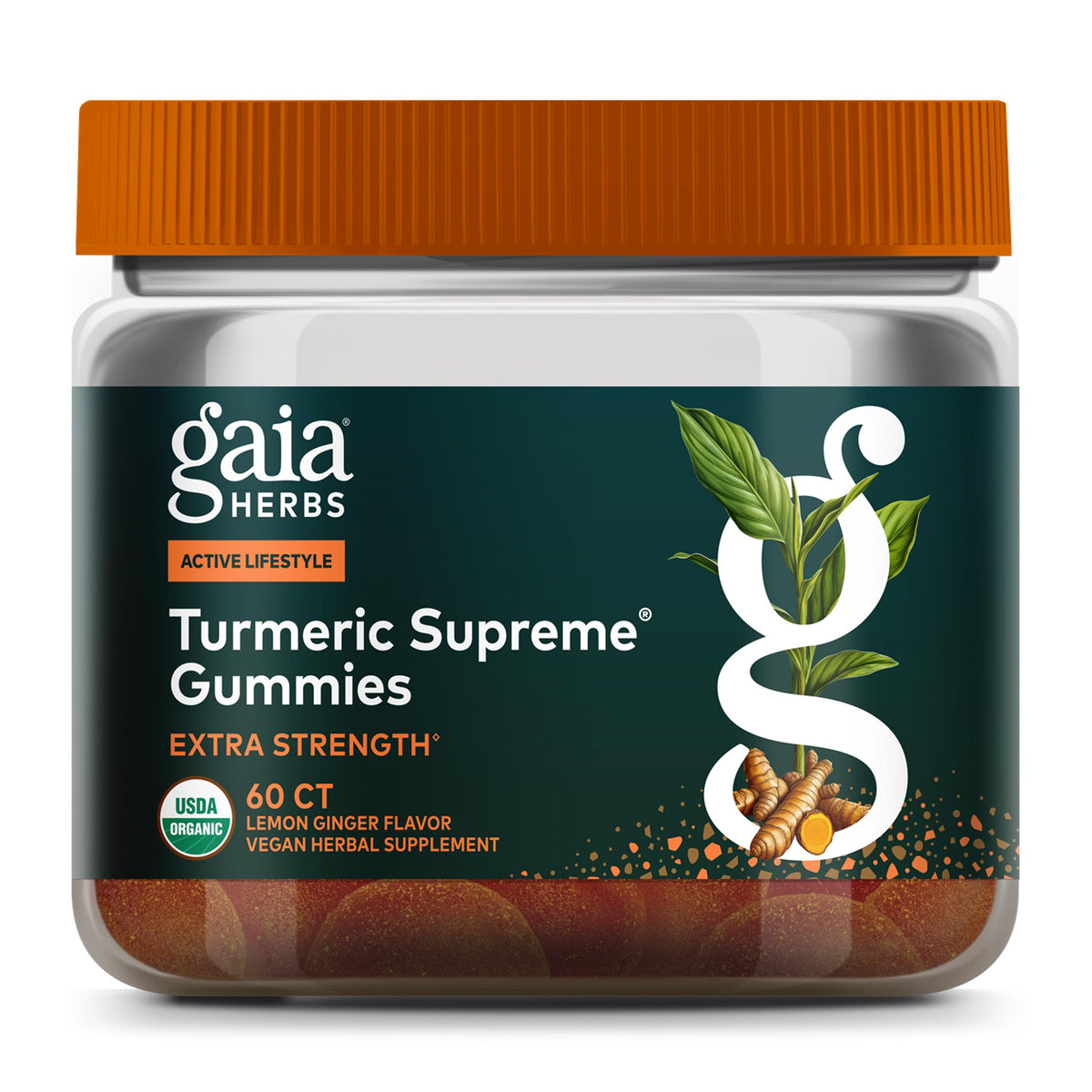 Gaia Herbs frasco frontal mostrando la etiqueta y beneficios visibles