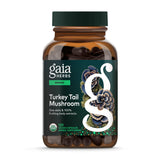 Gaia Herbs frasco Turkey Tail al frente mostrando etiqueta y beneficios
