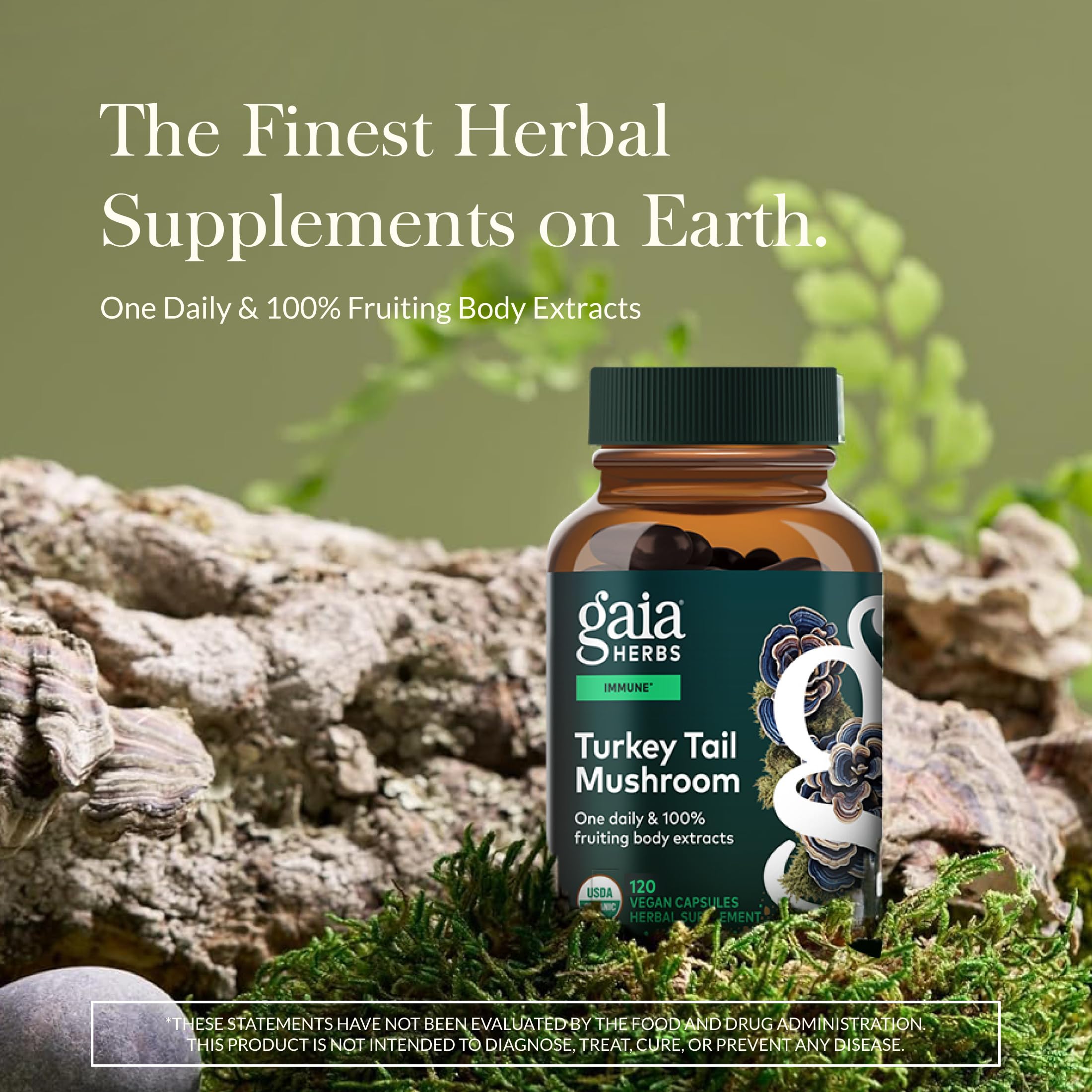 Cierre y etiqueta del frasco Gaia Herbs Turkey Tail destacando pureza