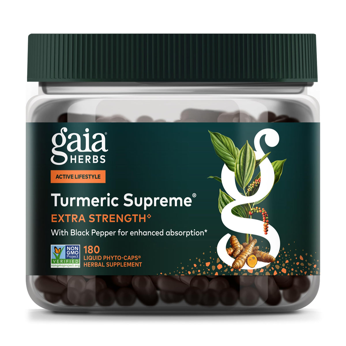 Gaia Herbs vista frontal del envase que muestra la marca y el producto