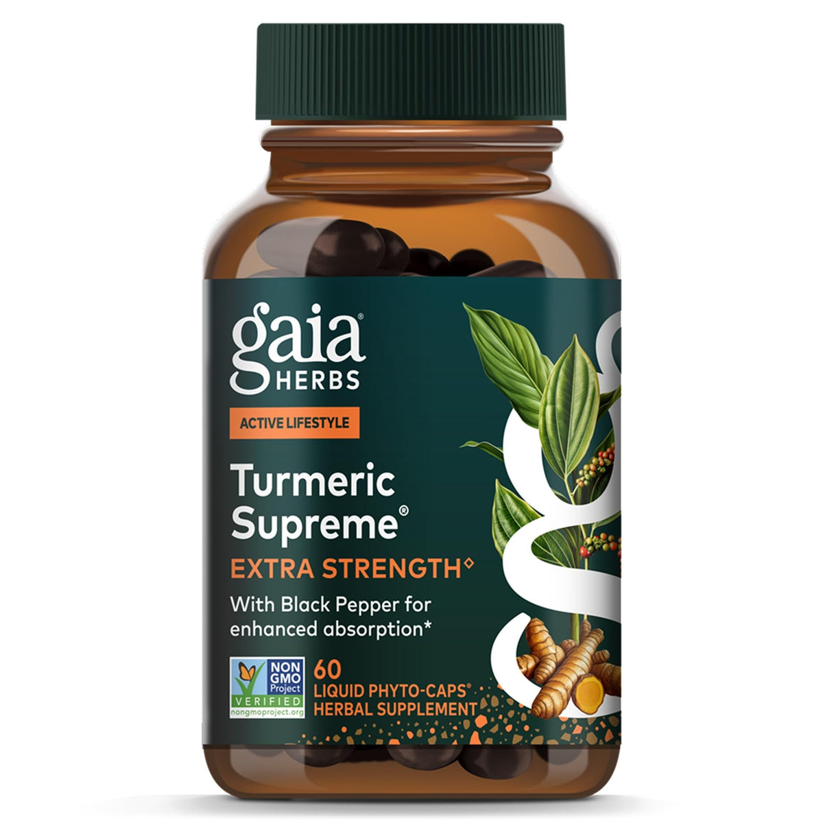 Gaia Herbs frasco frontal del producto mostrando etiqueta clara y beneficios