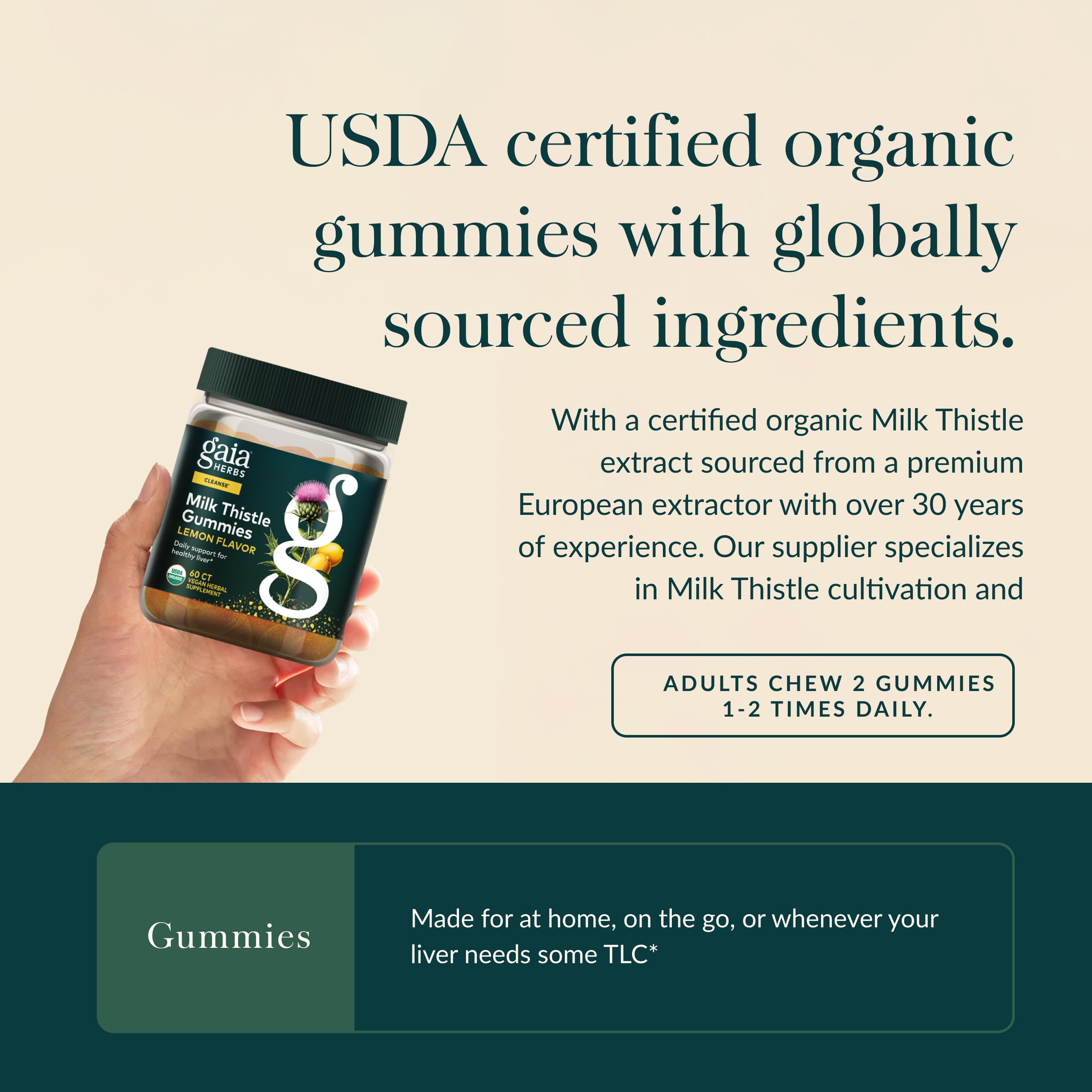 Gaia Herbs gominola en mano lista para consumir, conveniencia diaria evidente