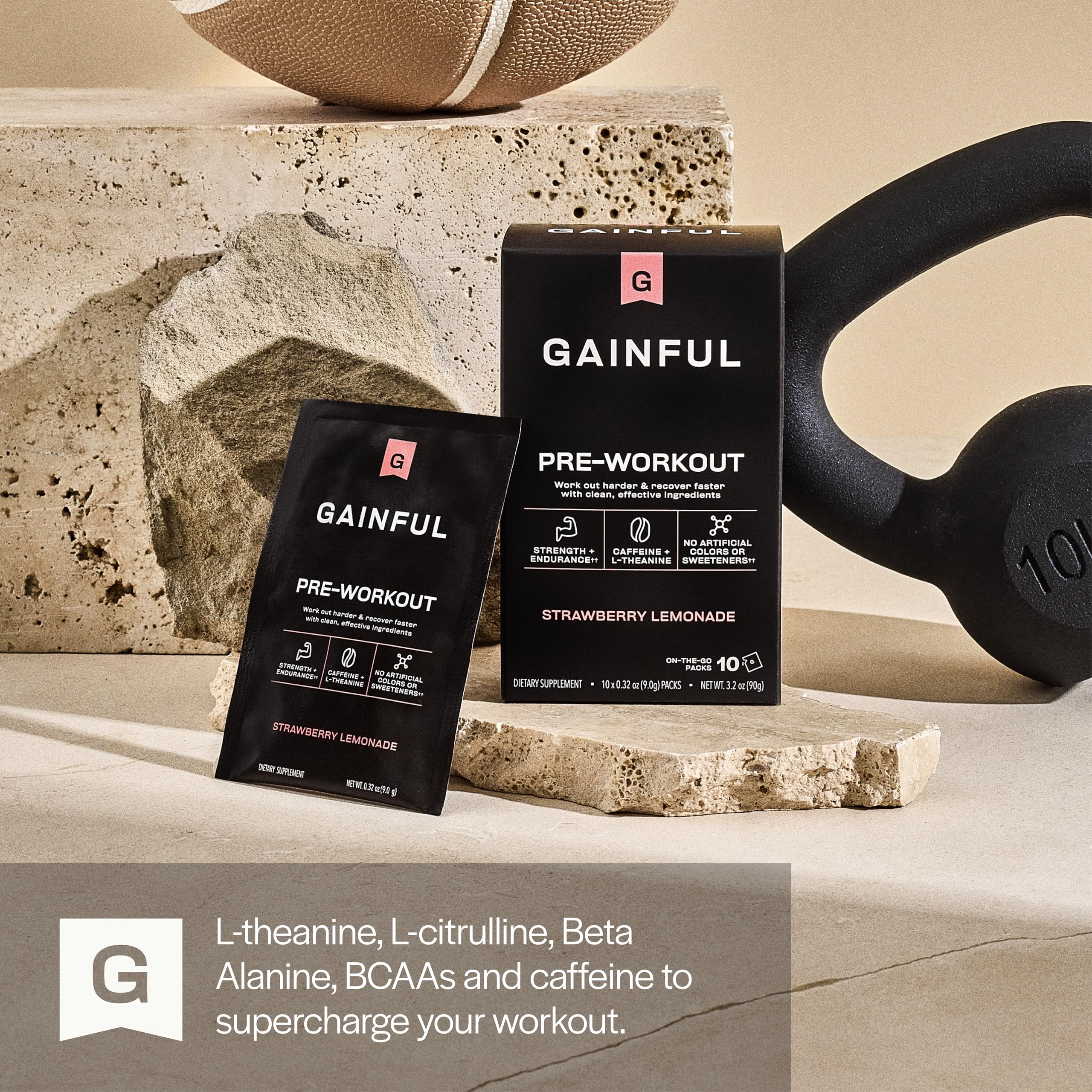 Gainful en entorno de gimnasio con botella y sobres para uso práctico y portátil