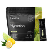 Gainful frente del empaque mostrando 21 sobres y sabor limón lima, práctico y transportable