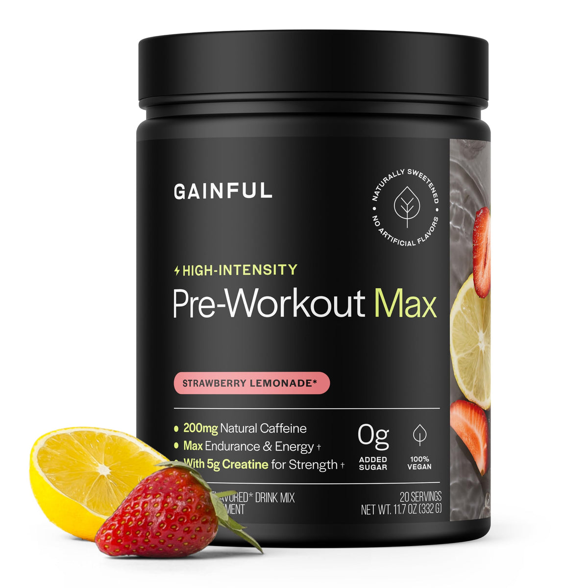 Gainful envase frontal sabor fresa-limonada mostrando beneficios energéticos
