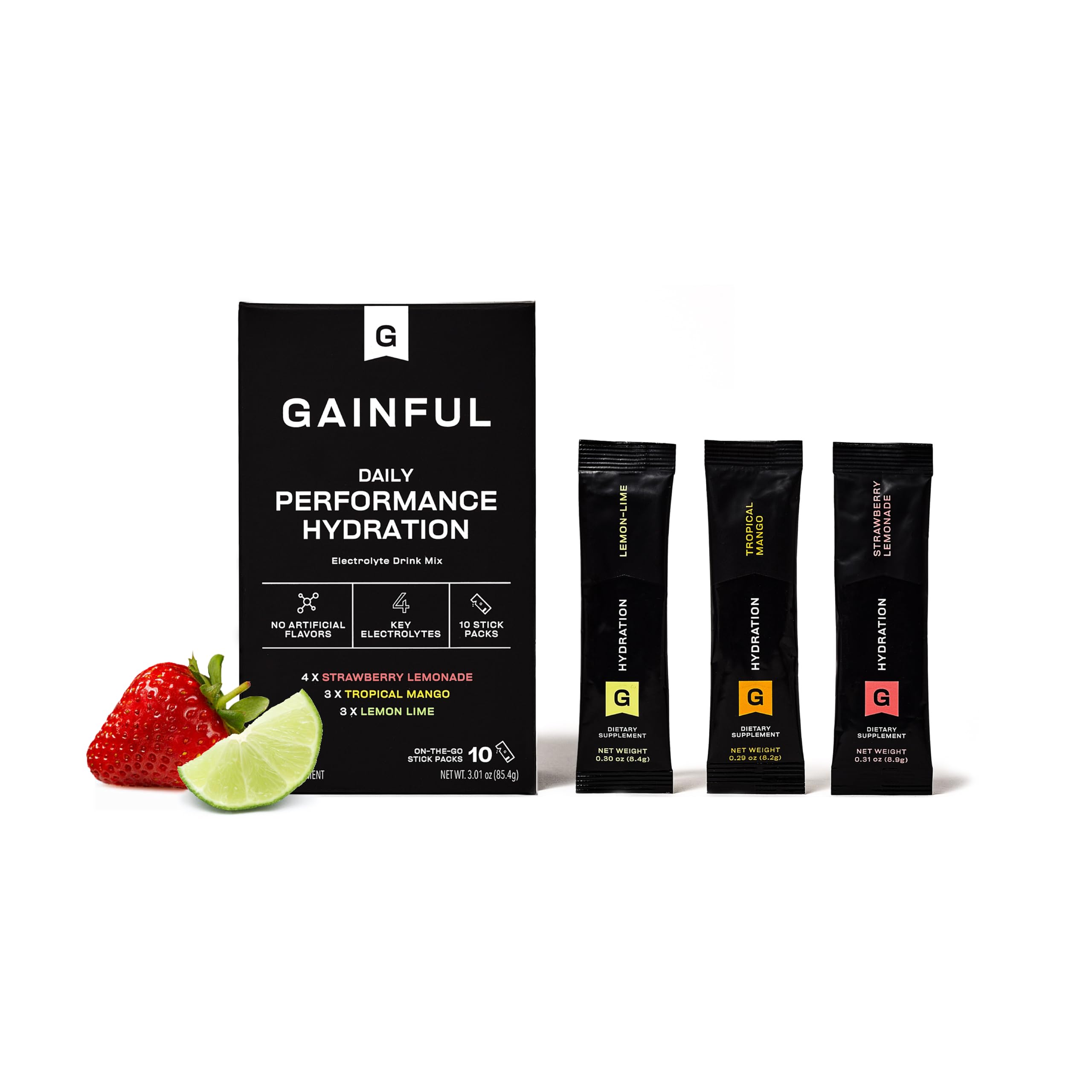 Gainful frontal del paquete mostrando sobres y beneficios claros