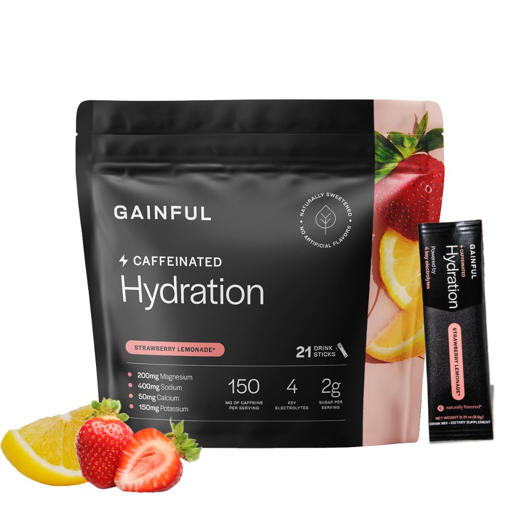 Gainful paquete frontal sabor fresa‑limón mostrando 21 sobres y beneficio portabilidad