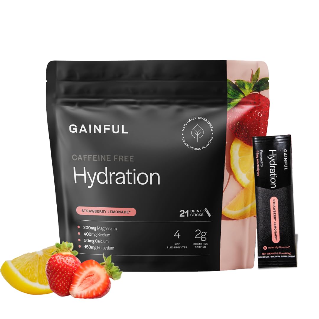 Gainful paquete frente fresa limonada mostrando 21 sticks y beneficios de electrolitos