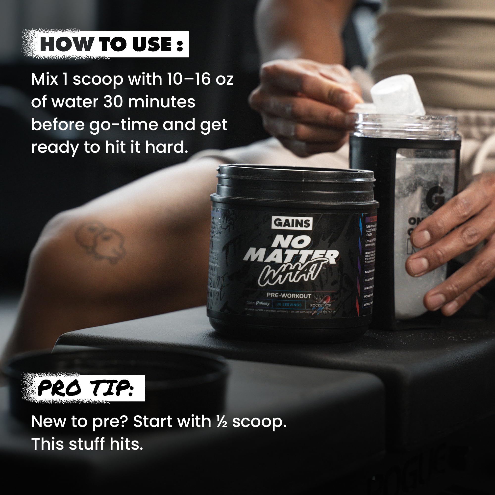GAINS IN BULK bolsa de gimnasio con el producto listo para llevar