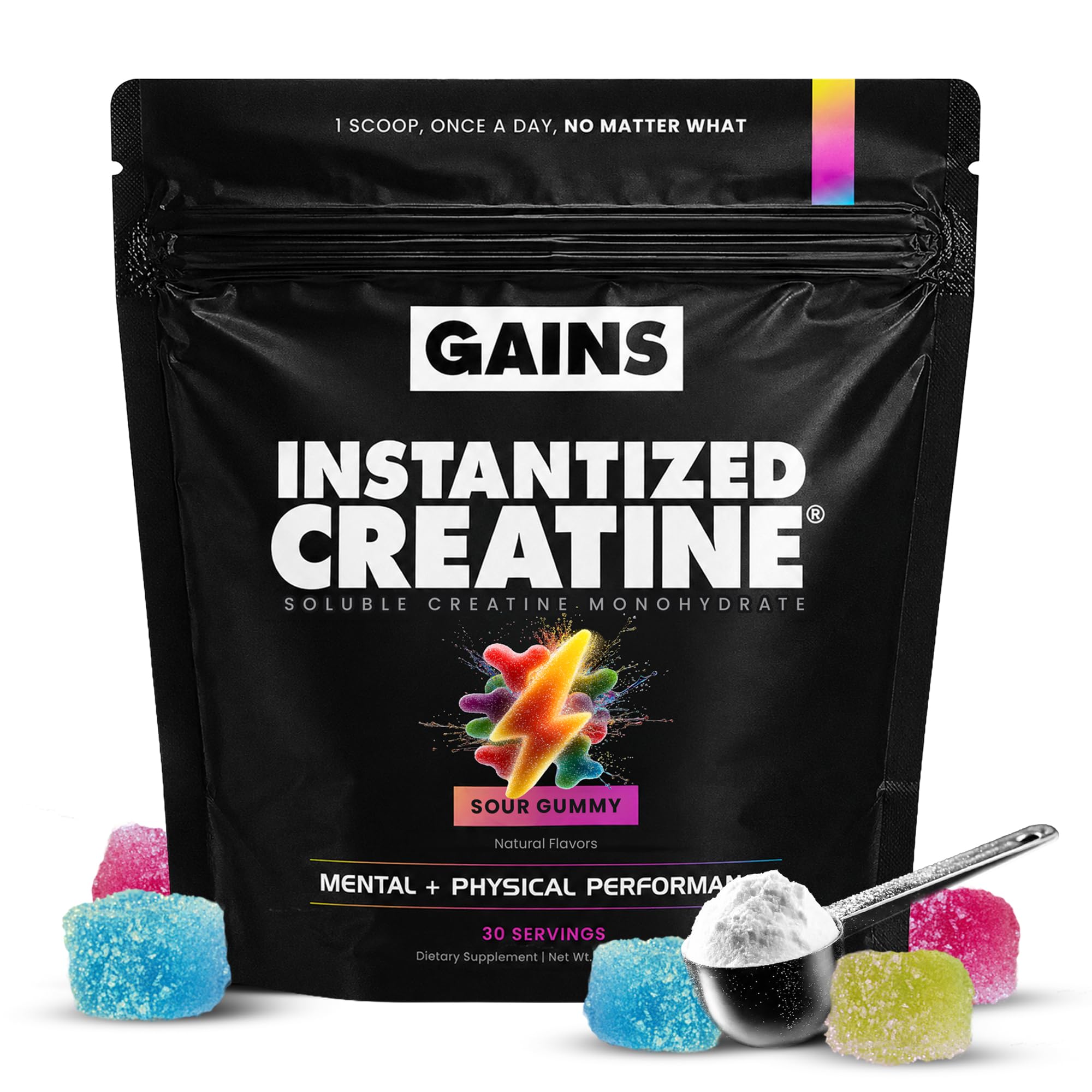 GAINS IN BULK envase frontal con creatina instantizada, fácil reconocimiento