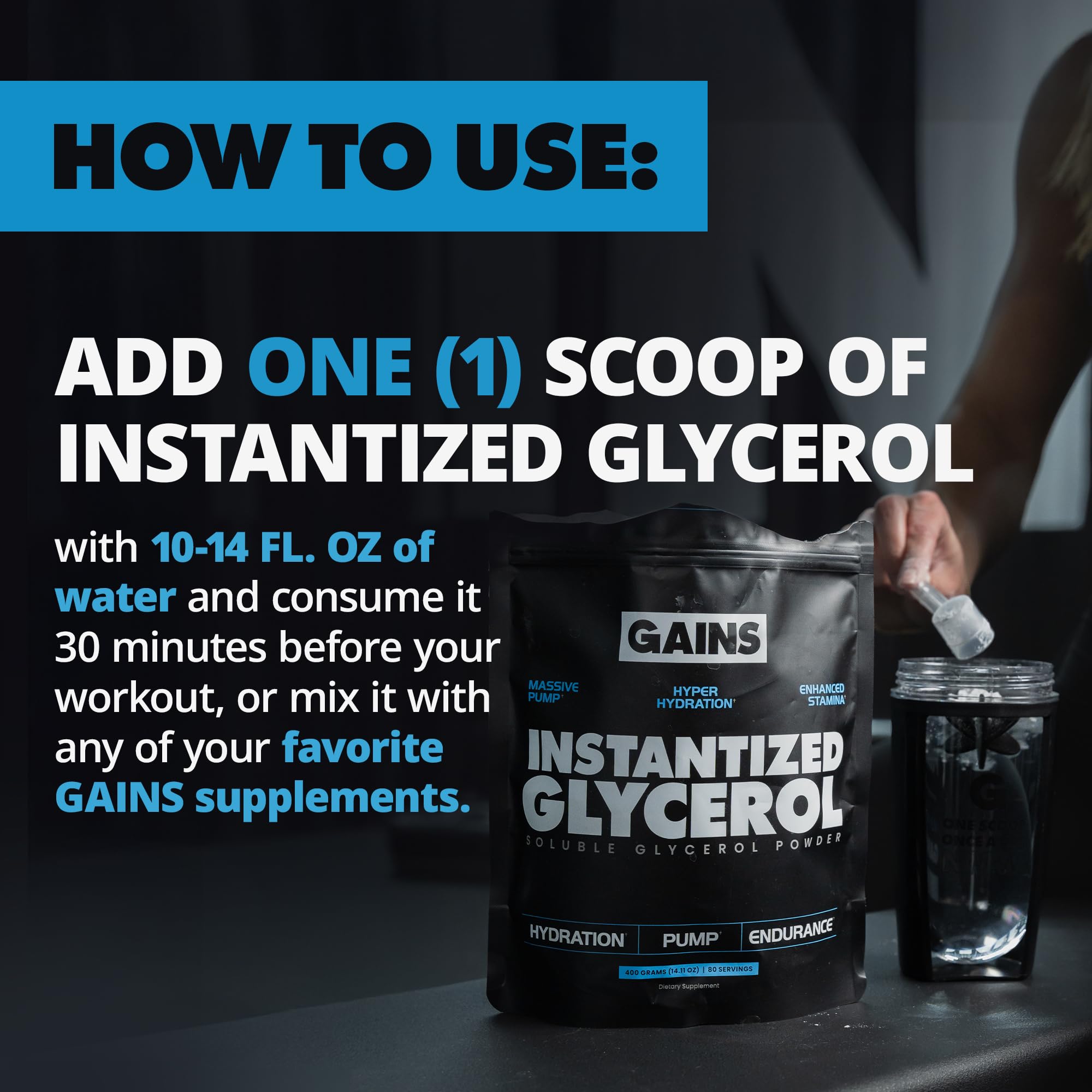 GAINS IN BULK shaker con mezcla durante entrenamiento, hidratación inmediata útil