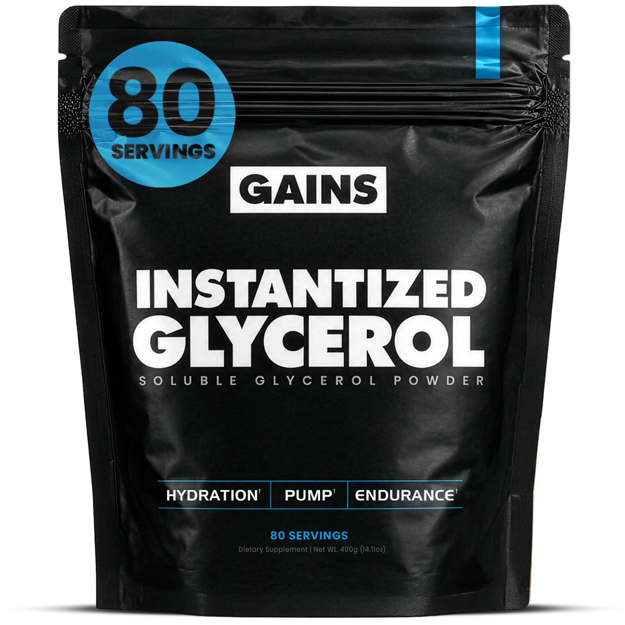 GAINS IN BULK envase frontal del glicerol instantáneo, muestra claridad y confianza