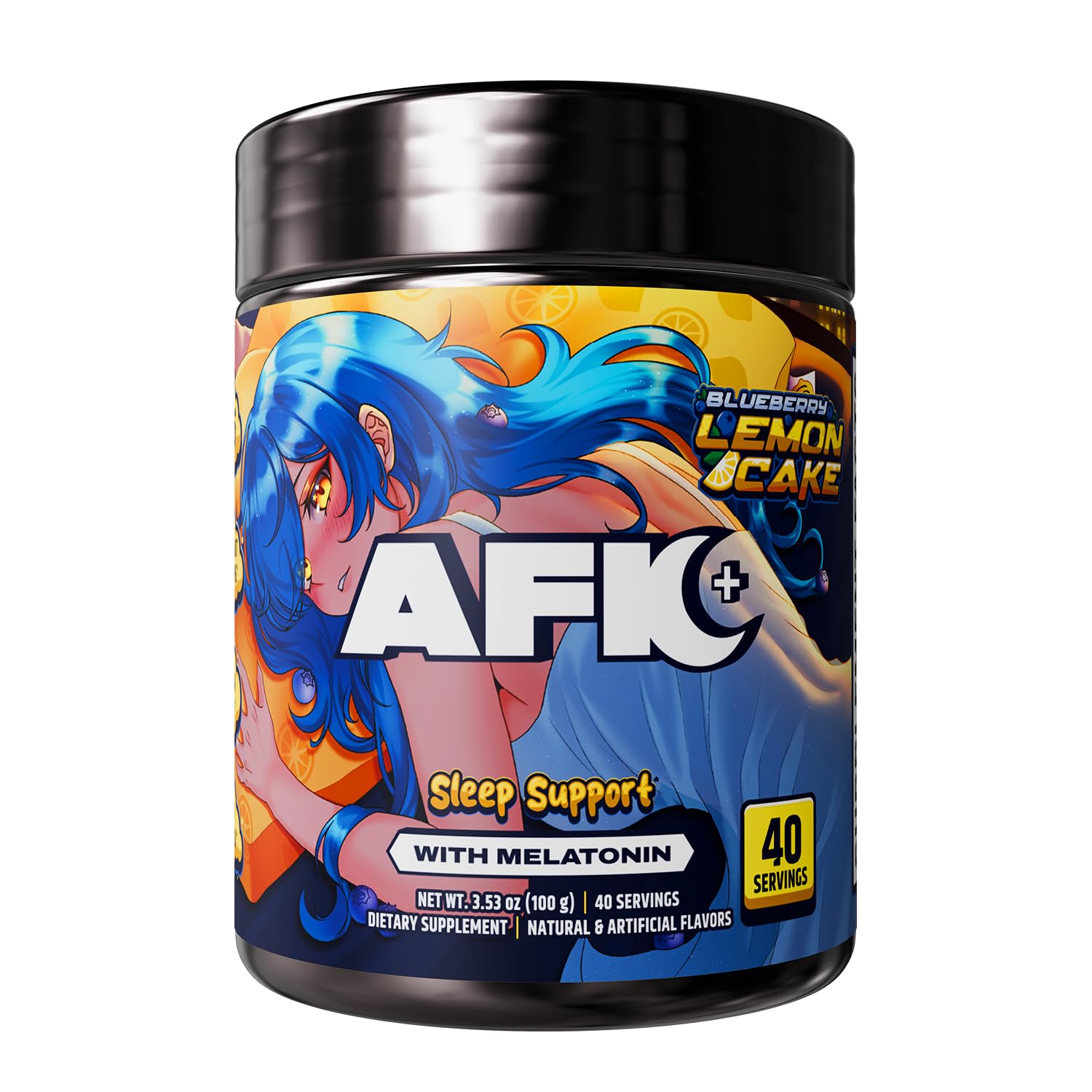 Gamer Supps envase AFK+ Blueberry Lemon Cake mostrando diseño frontal y porciones