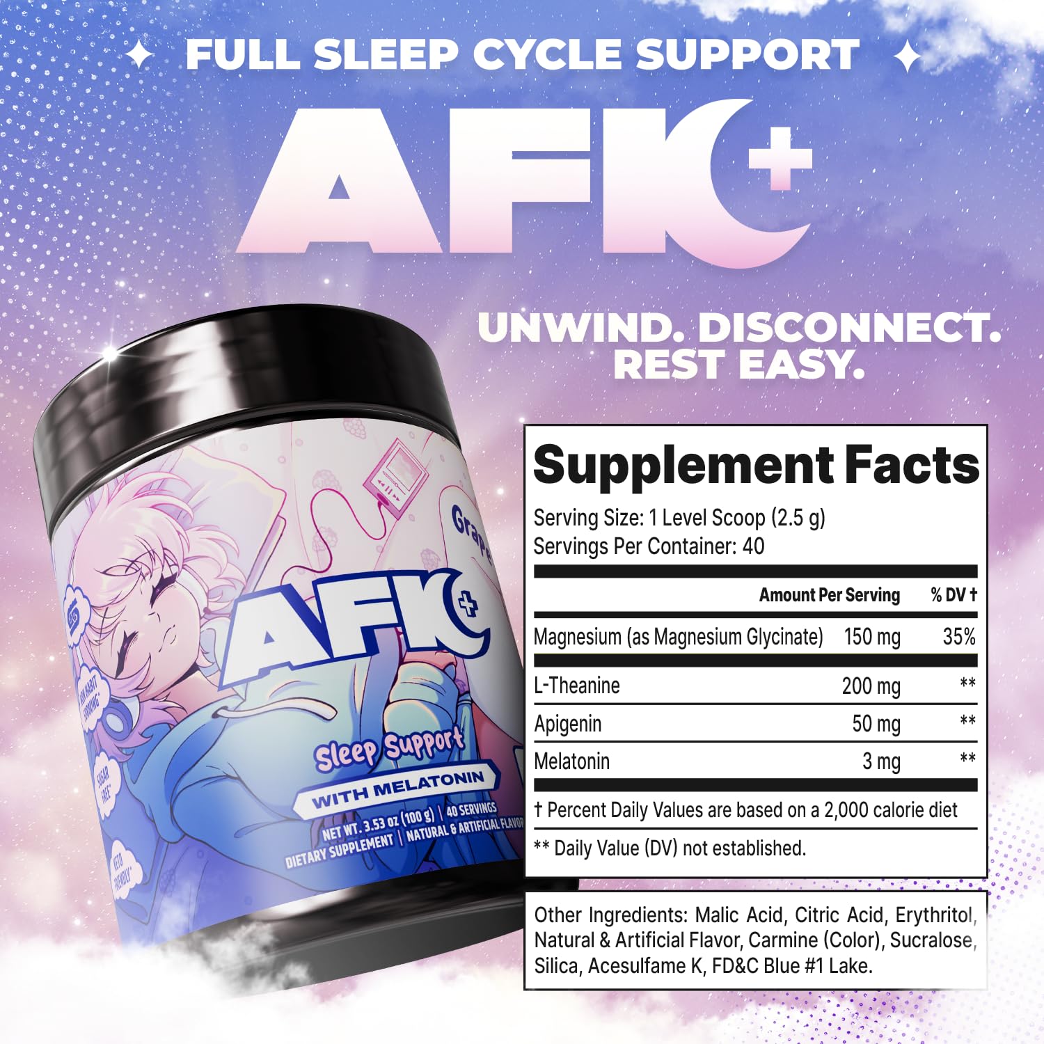 Gamer Supps AFK+ bebida nocturna en mano, soporte para rutina relajante