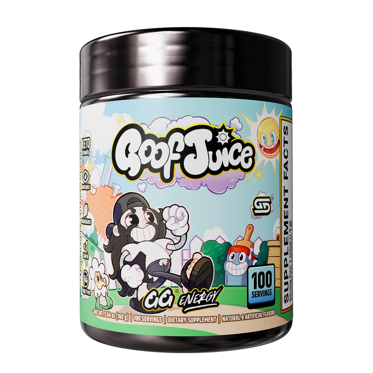 Gamer Supps Goof Juice frente del bote mostrando diseño y sabor fresa-kiwi, claridad de información