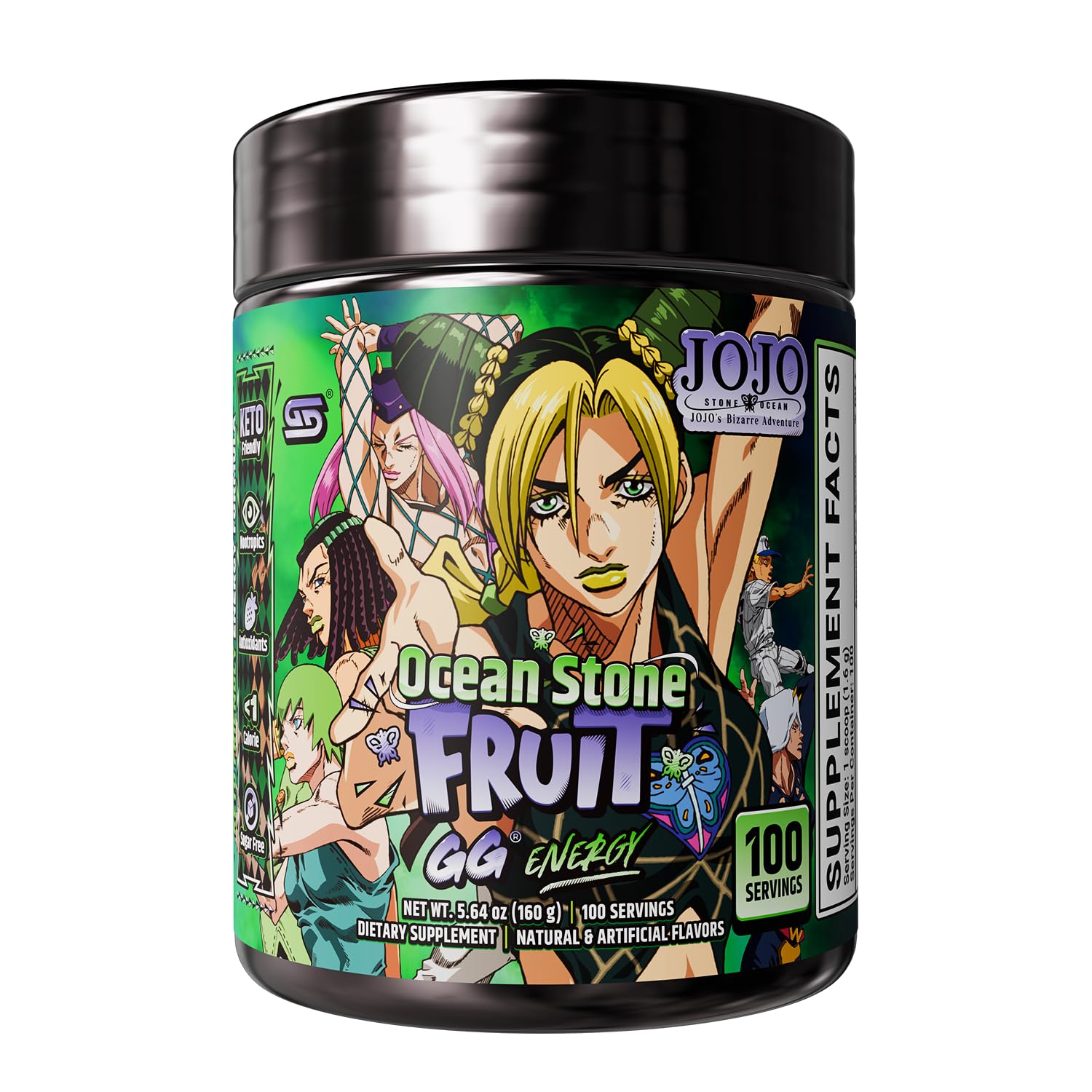 Gamer Supps envase JoJo's Ocean Stone Fruit mostrando diseño frontal y licencia, ideal para fans