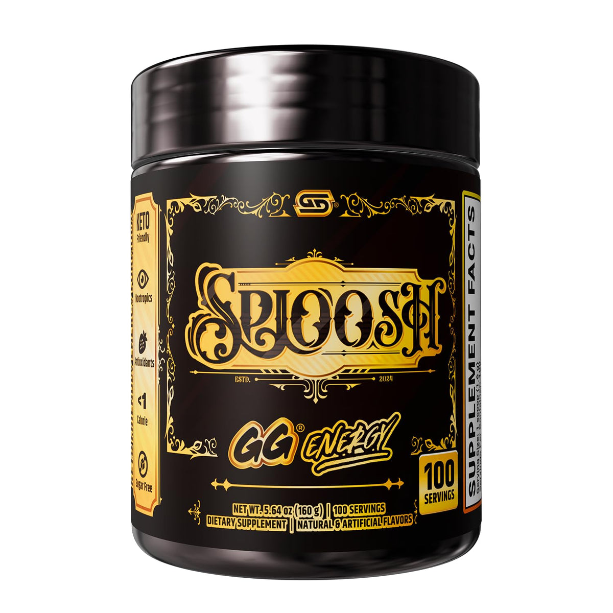 Gamer Supps bote frontal con etiqueta clara y beneficio energético