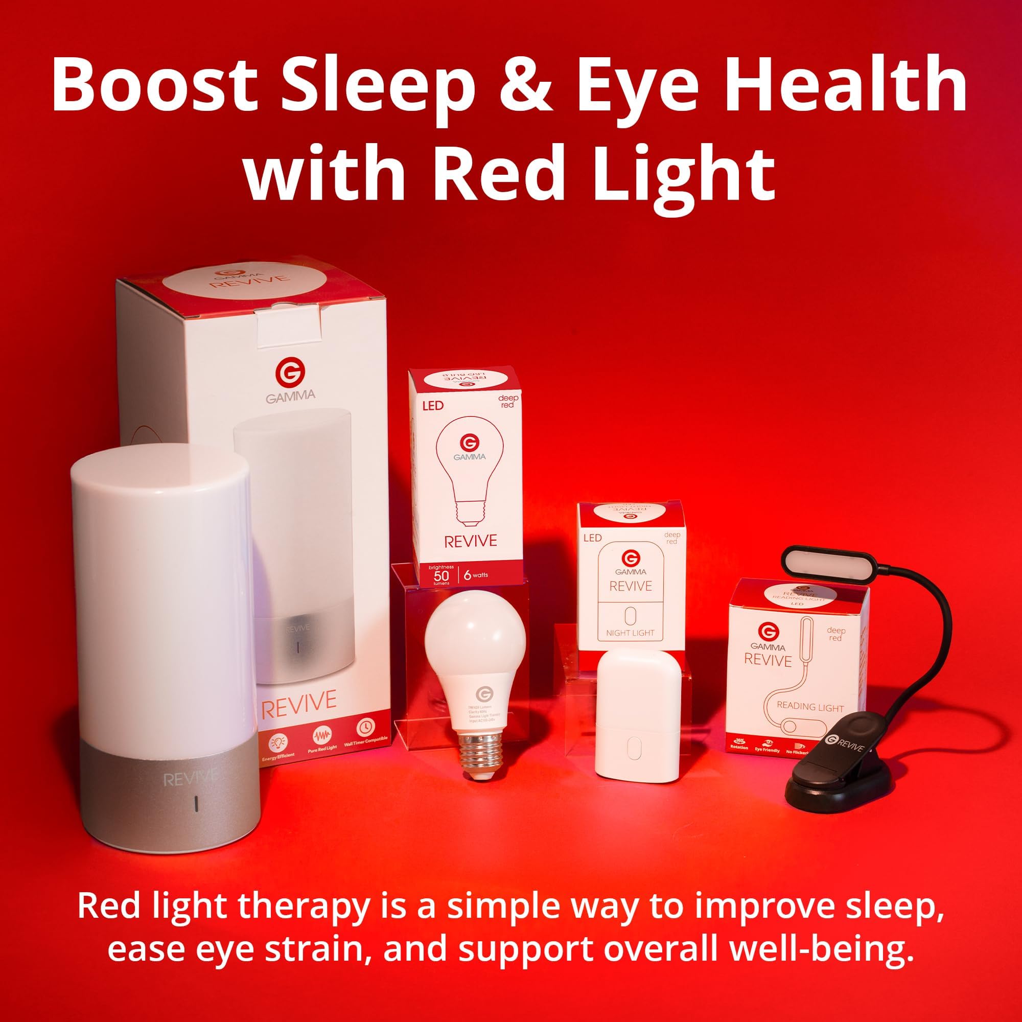 Gamma Revive luz roja creando ambiente relajante en dormitorio