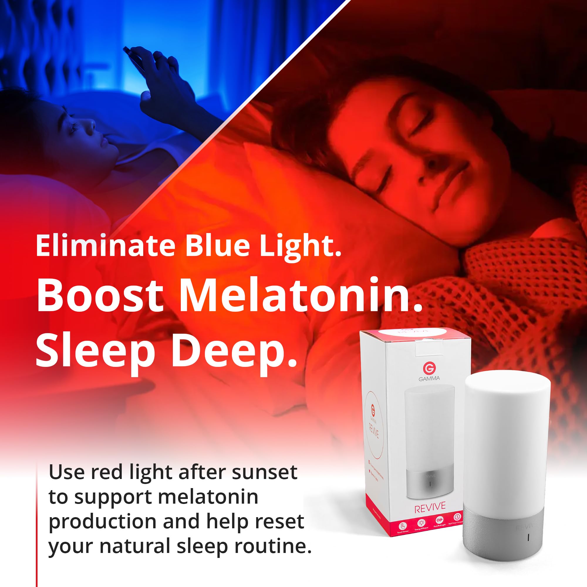 Gamma Revive sobre mesita de noche creando ambiente cálido para dormir