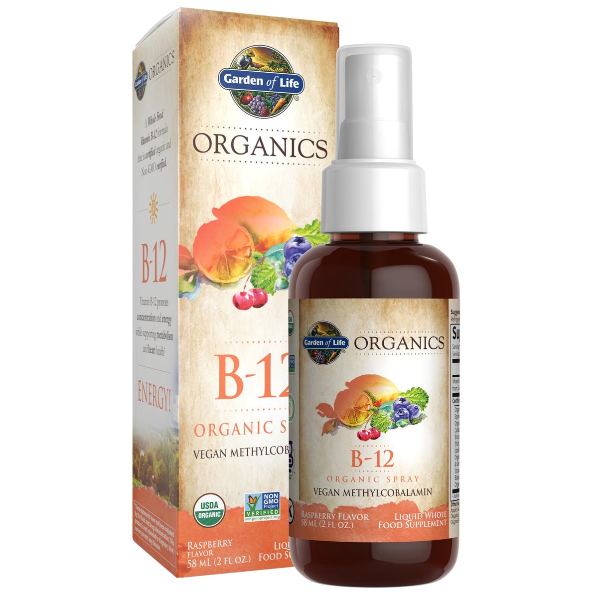 Garden of Life botella frontal muestra de producto y beneficios orgánicos