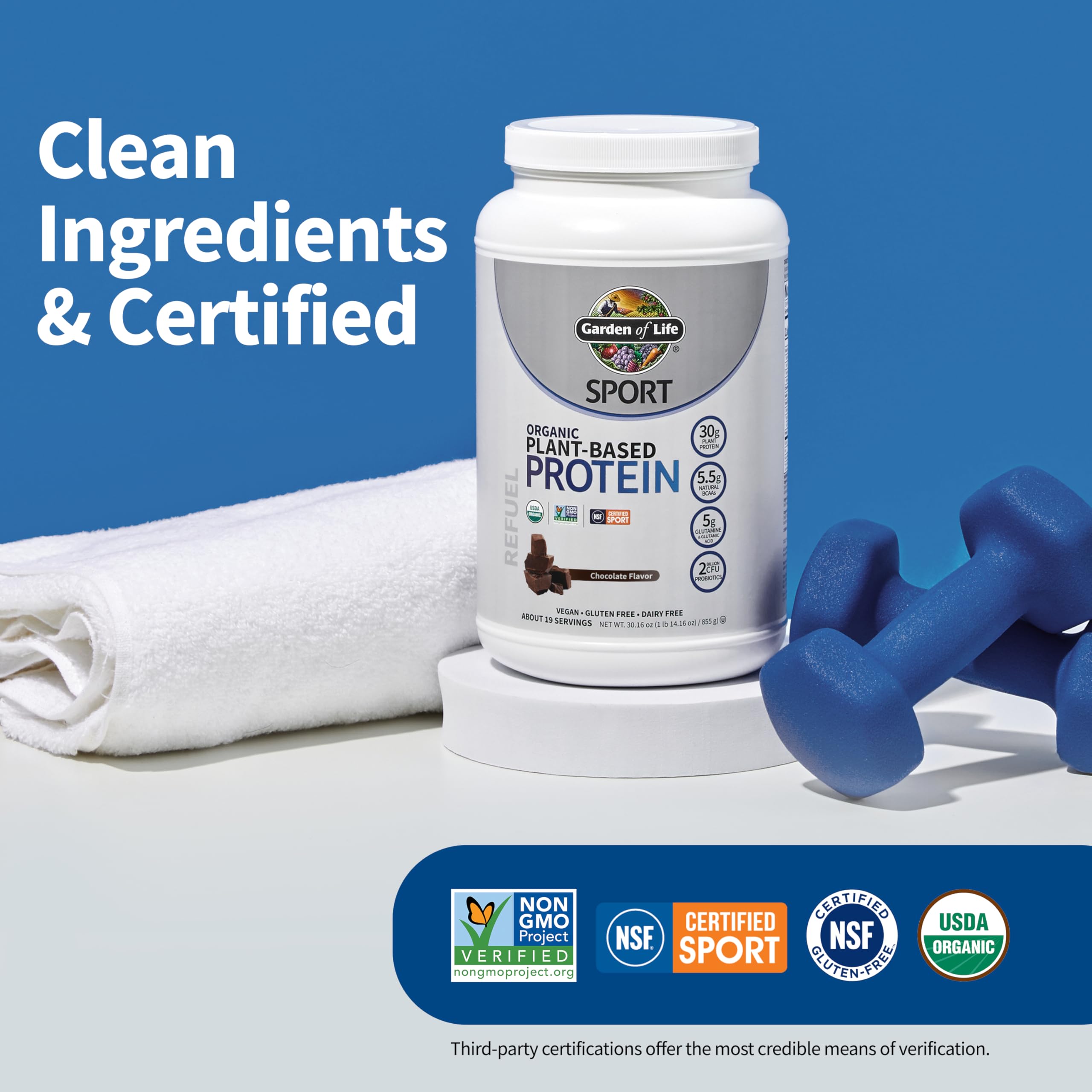 Garden of Life sellos USDA Organic y NSF Certified for Sport visibles