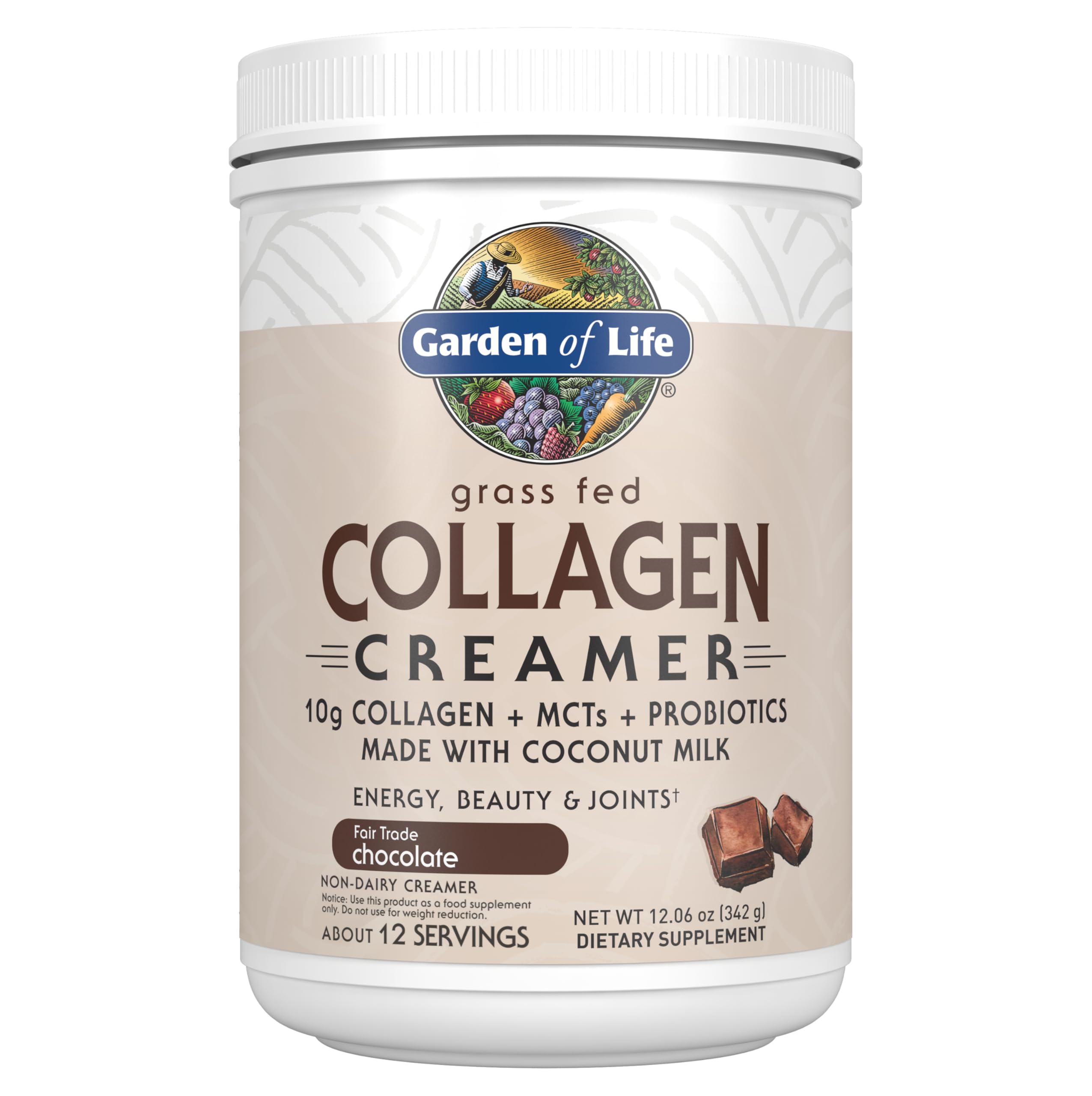 Garden of Life creamer chocolate vista frontal con envase y texto claro