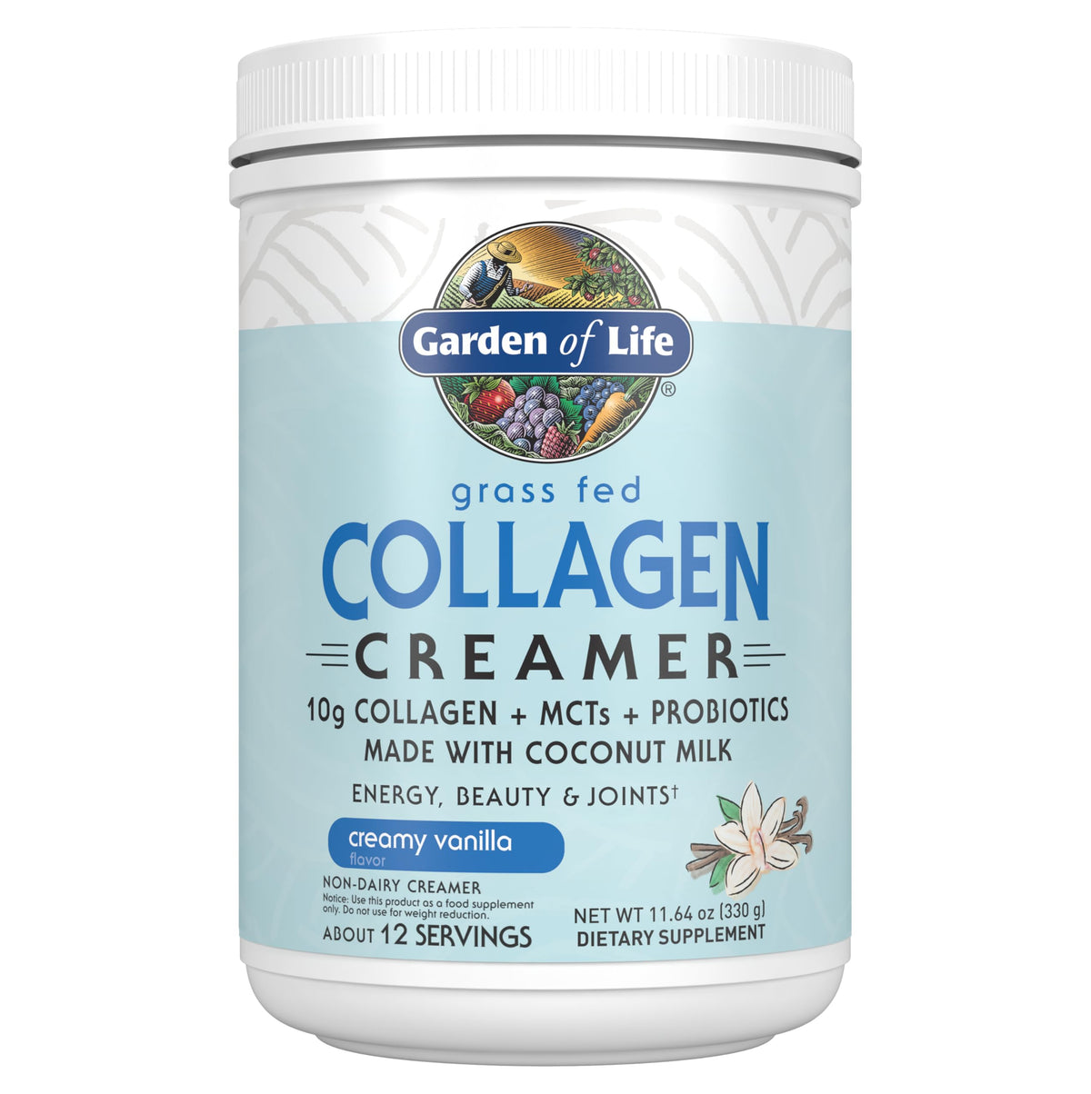 Garden of Life envase frontal mostrando el sabor Creamy Vanilla y beneficios