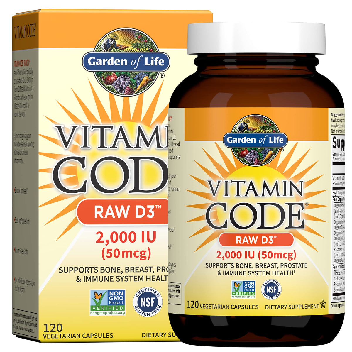Garden of Life frasco frontal mostrando la etiqueta y beneficios