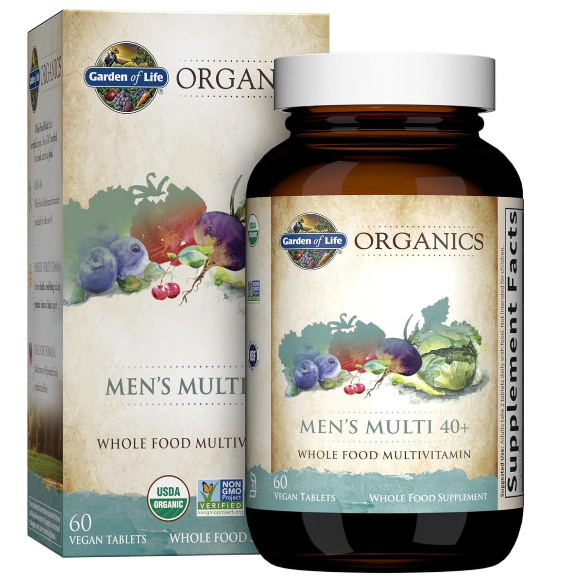 Garden of Life envase frontal mostrando beneficios y 60 tabletas