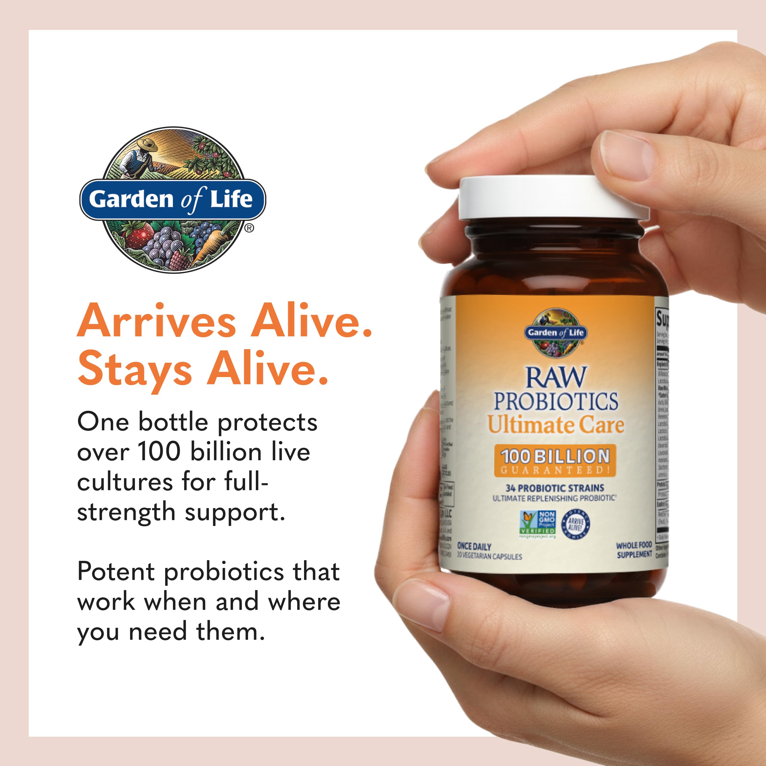 Garden of Life producto en cocina con fruta y agua, promoviendo bienestar diario