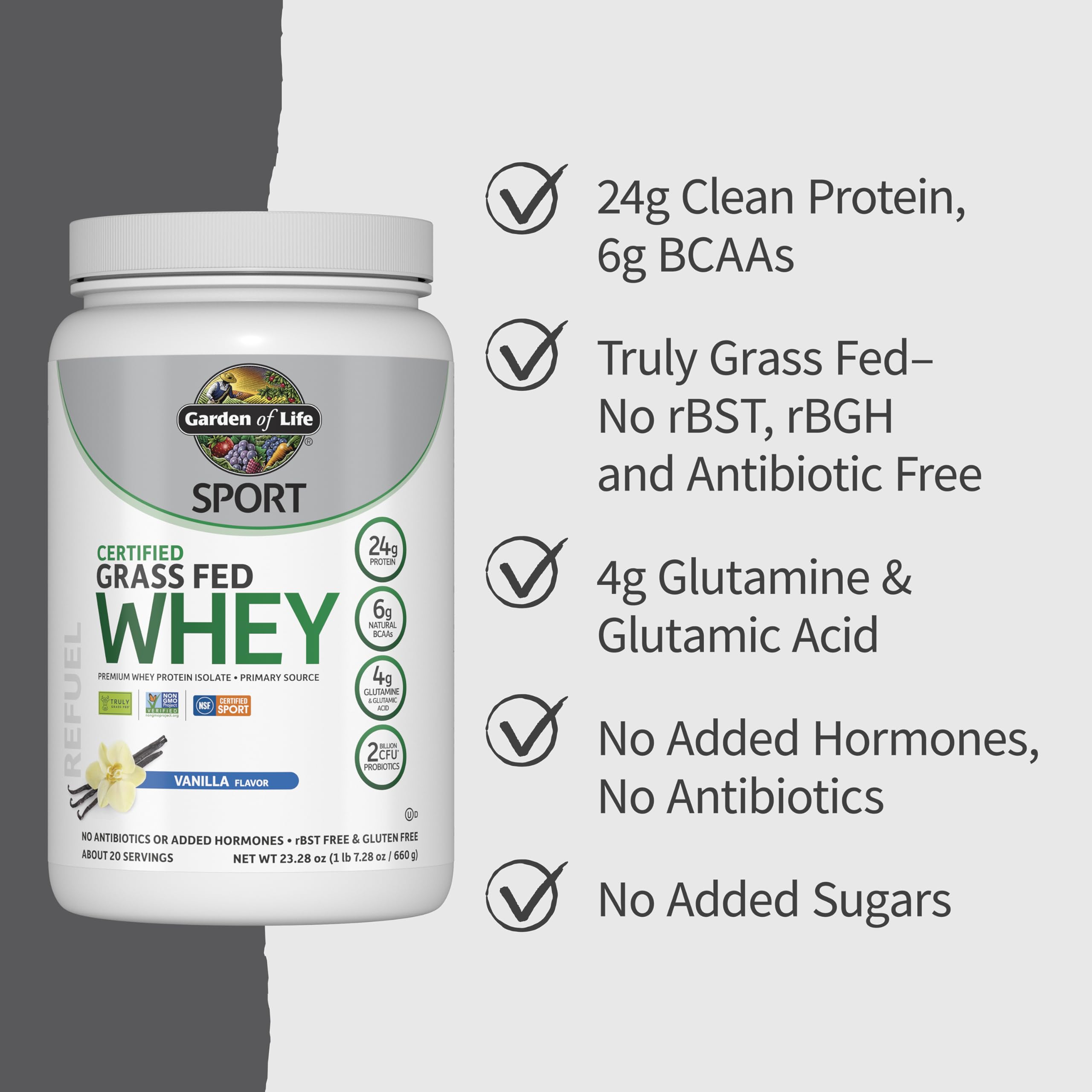 Garden of Life etiqueta con certificaciones NSF y Non-GMO visibles