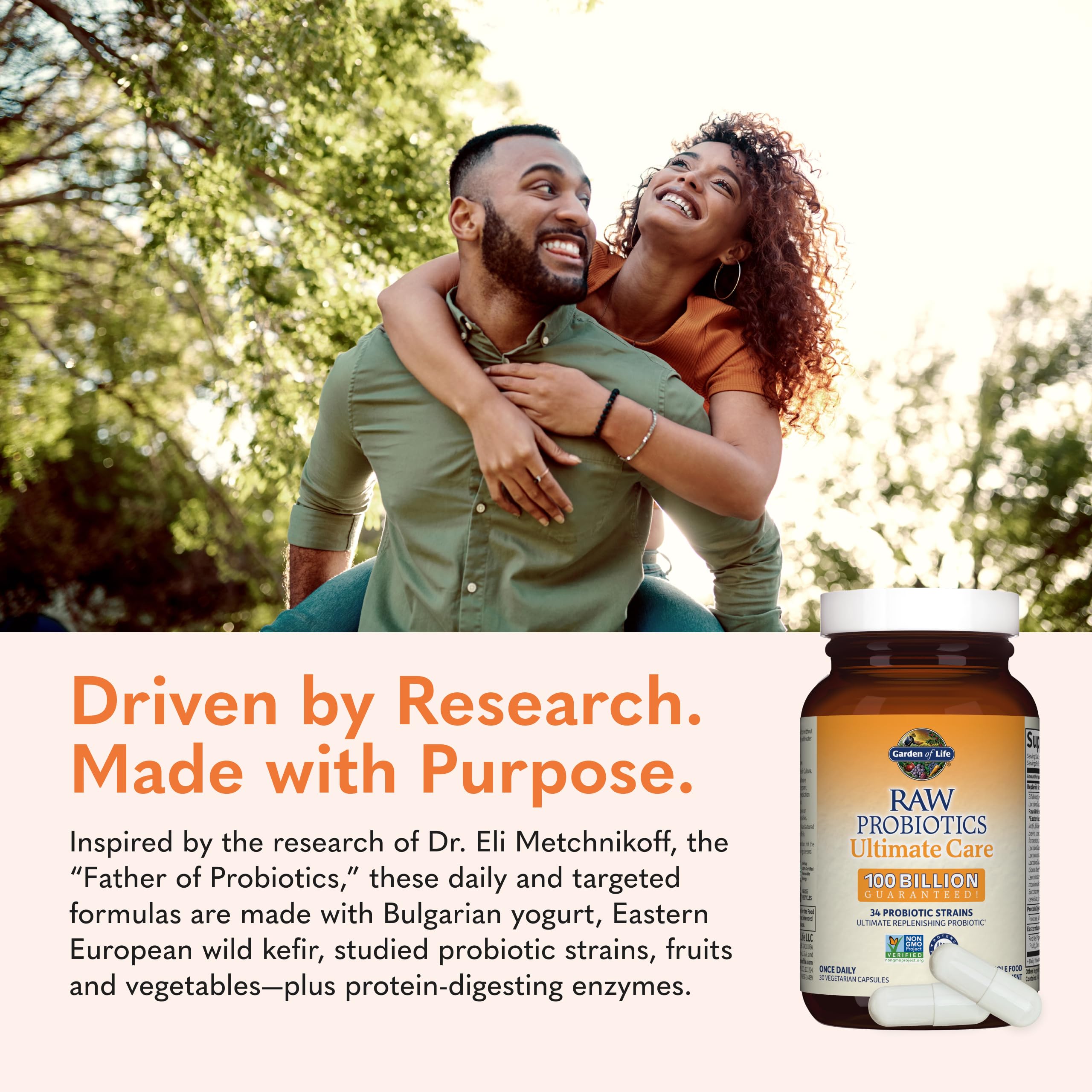 Garden of Life etiqueta nutricional abierta mostrando cepas y transparencia de ingredientes