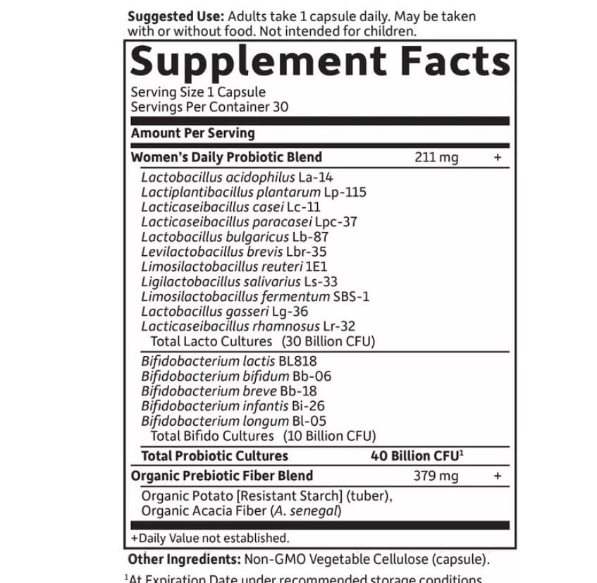 Garden of Life etiqueta con lista de cepas y datos nutricionales claros