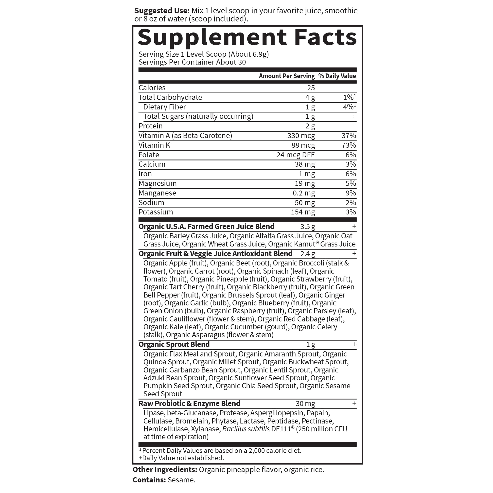 Garden of Life etiqueta con lista de ingredientes y certificaciones visibles