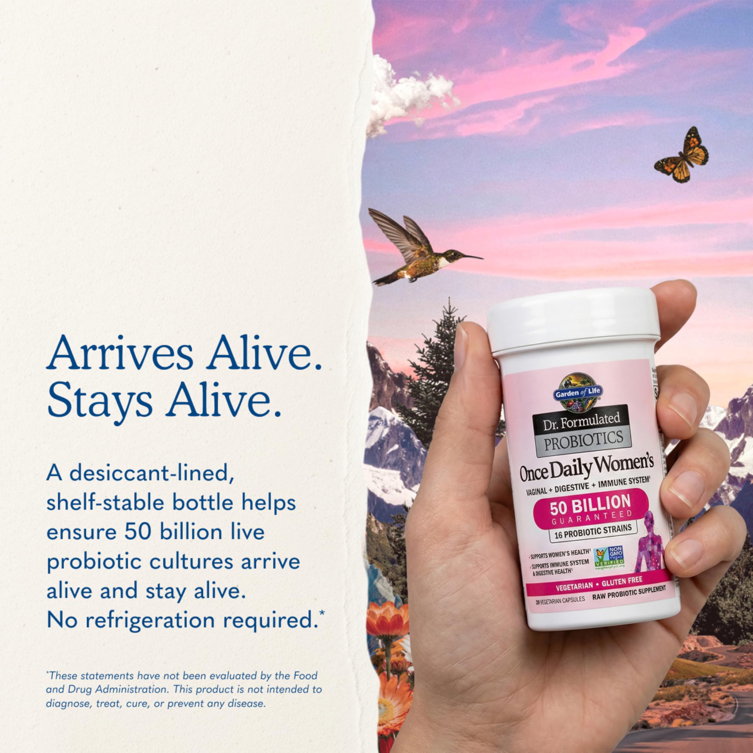 Garden of Life etiqueta de ingredientes con lista de cepas y certificaciones Non-GMO y gluten-free