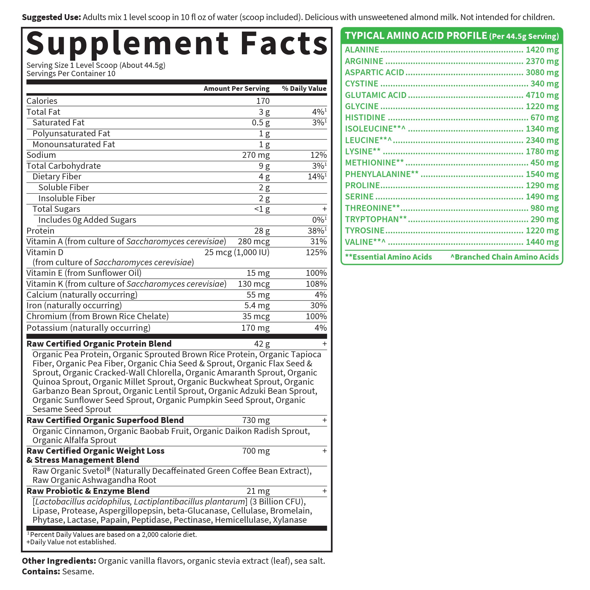 Garden of Life detalle de la etiqueta nutricional y certificaciones del producto