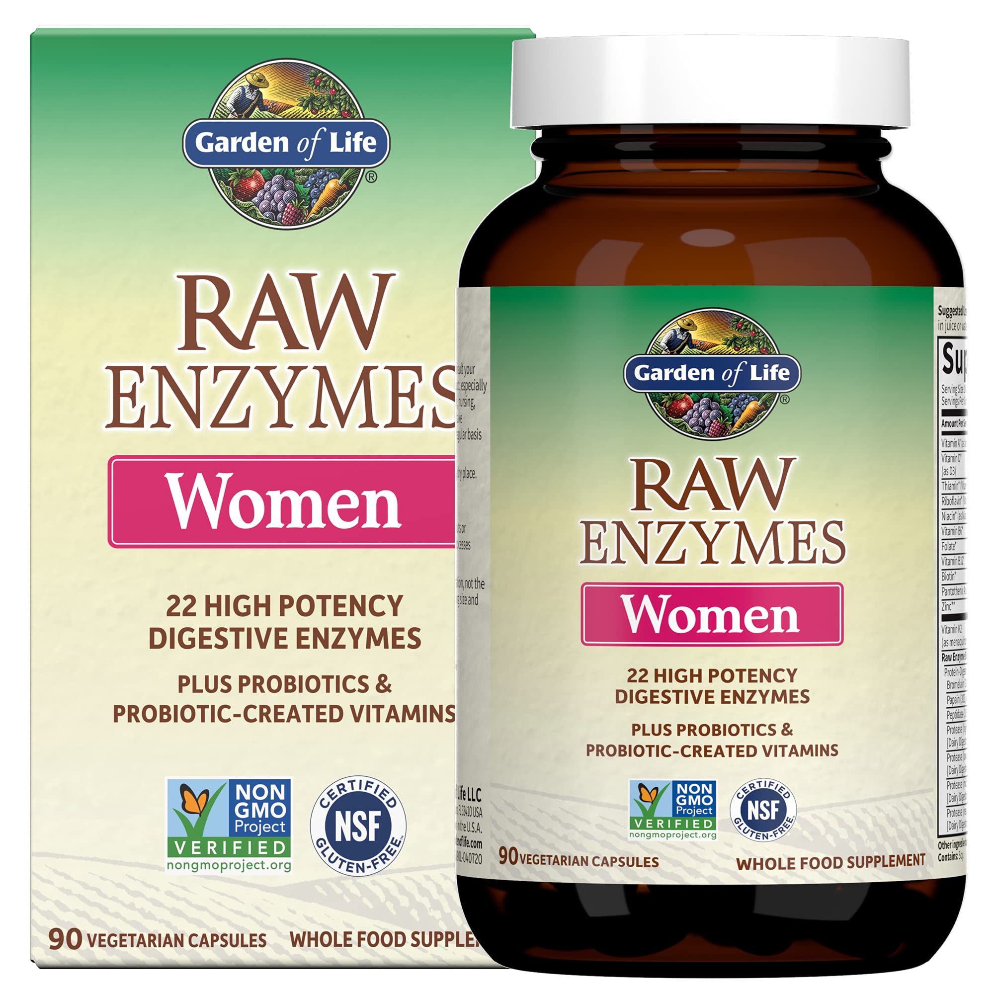Garden of Life frasco de 90 cápsulas mostrando el envase y beneficio digestivo