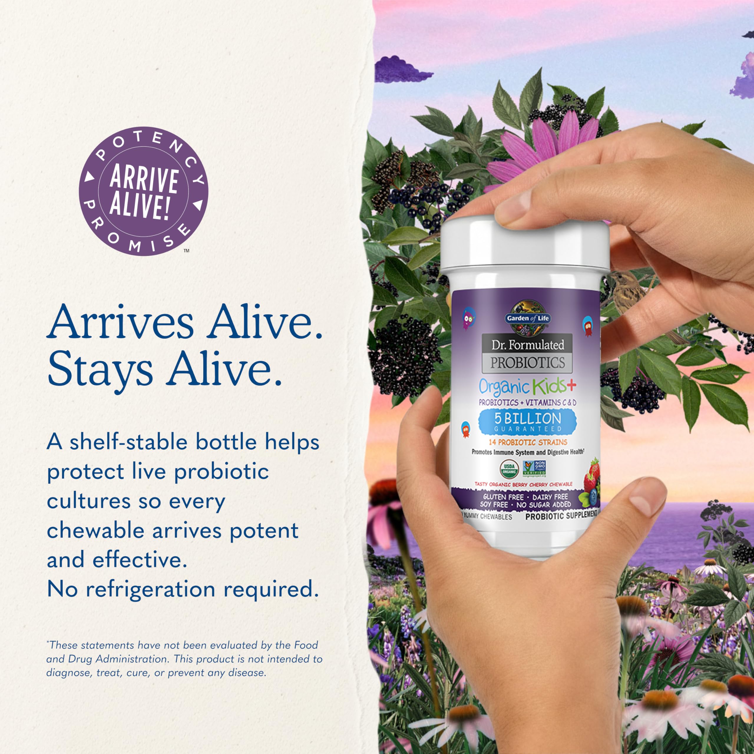 Frasco abierto Garden of Life con masticables visibles y acceso para consumo diario