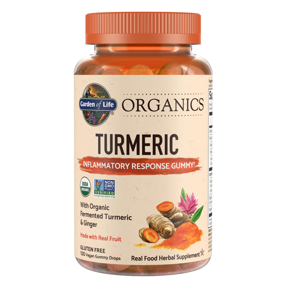 Garden of Life frasco delantero de Turmeric Gummies mostrando el envase y beneficios