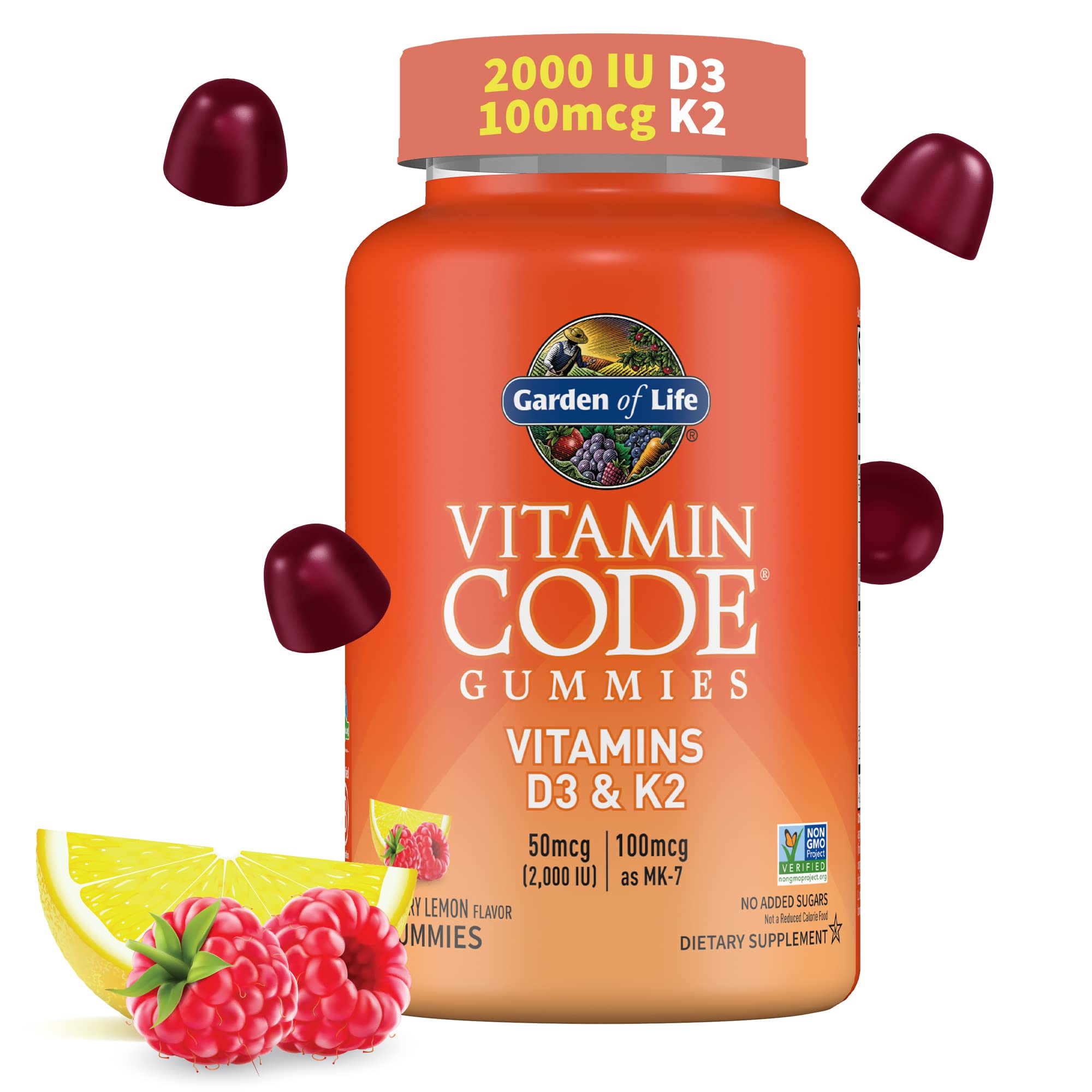 Garden of Life frasco delantero mostrando 45 gomitas y beneficios