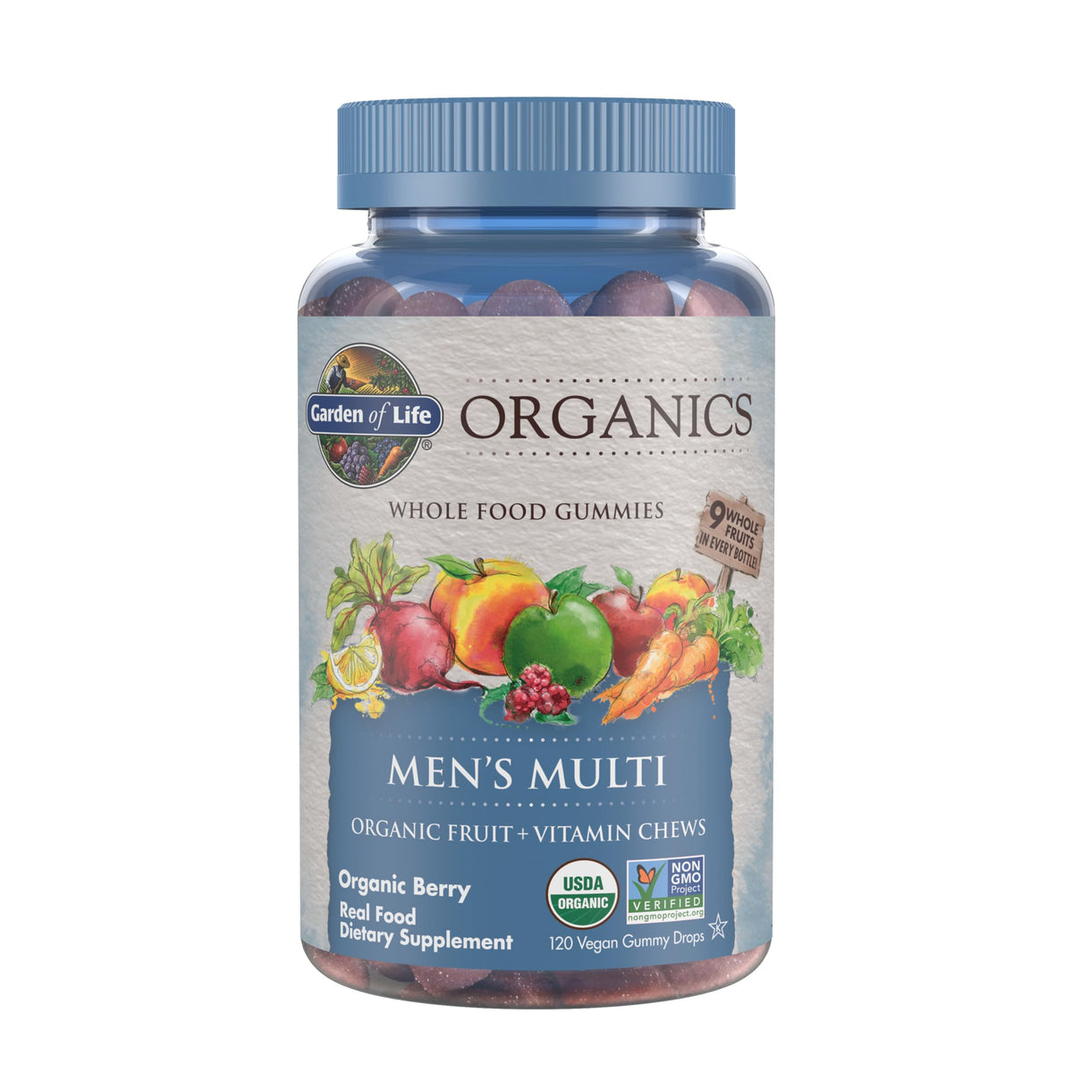 Garden of Life frasco frente mostrando etiqueta y beneficios