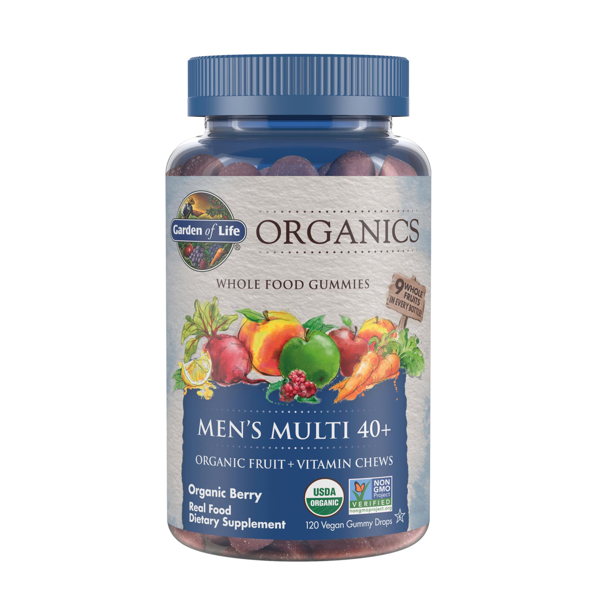 Garden of Life frasco frente mostrando 120 gomitas y etiqueta clara para compra confiable