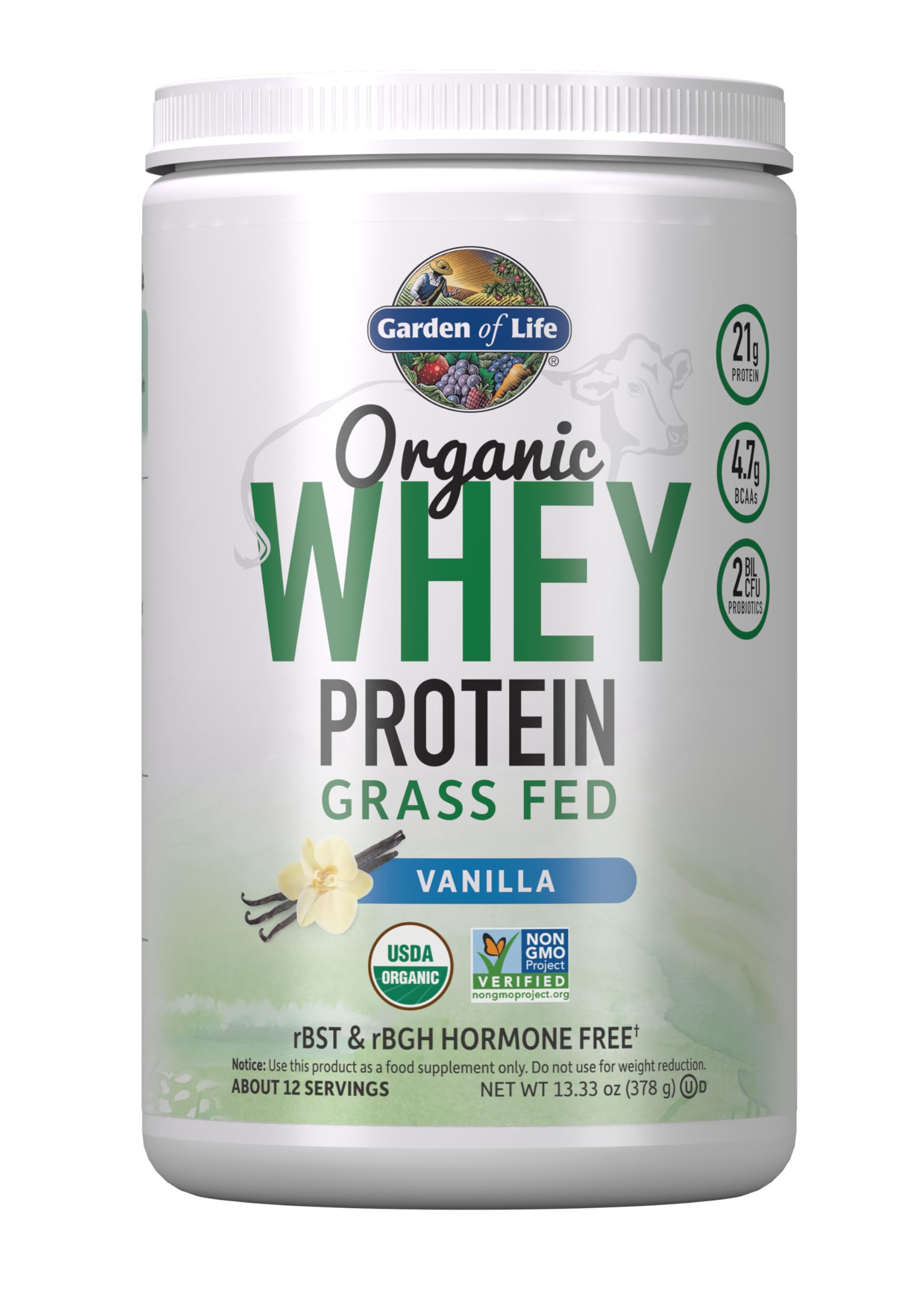 Garden of Life frasco frontal sabor Vainilla mostrando etiqueta certificada