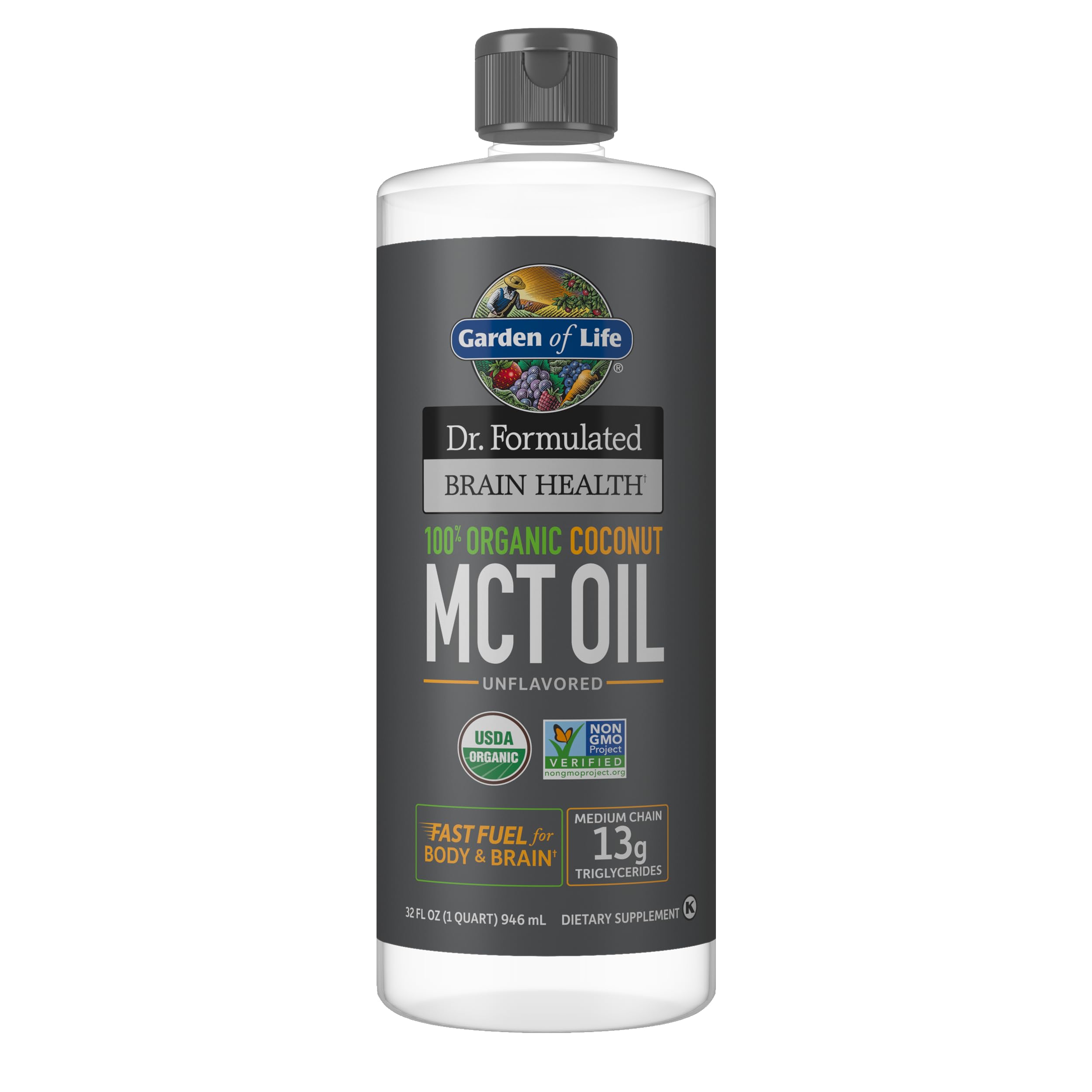 Garden of Life botella frontal MCT 32 oz mostrando diseño y volumen beneficioso