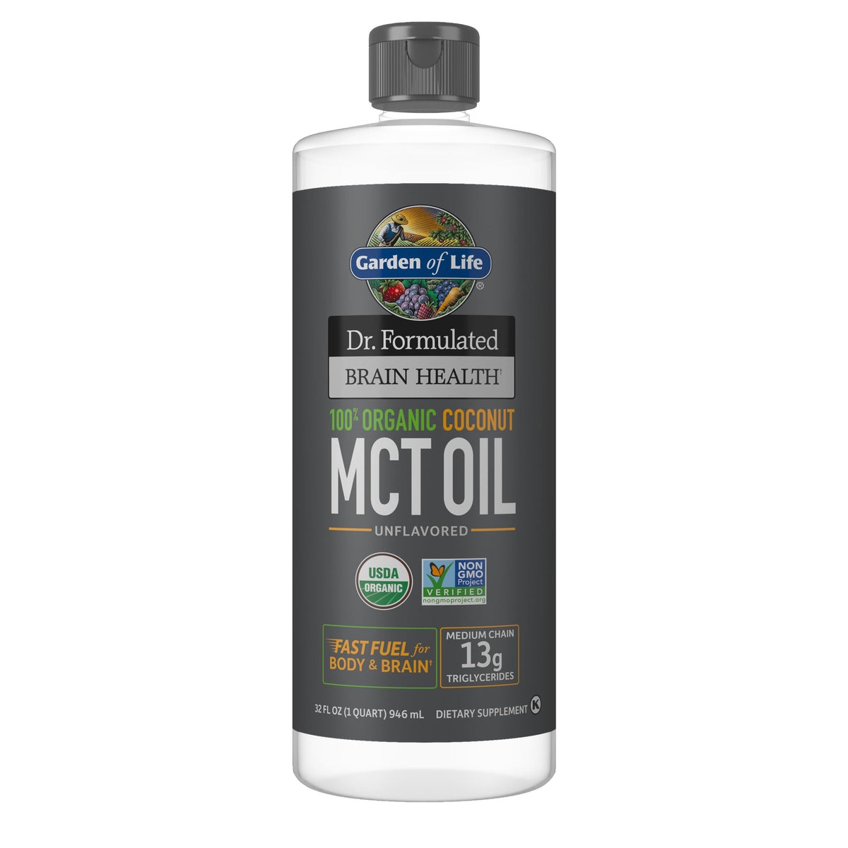 Garden of Life botella frontal MCT 32 oz mostrando diseño y volumen beneficioso