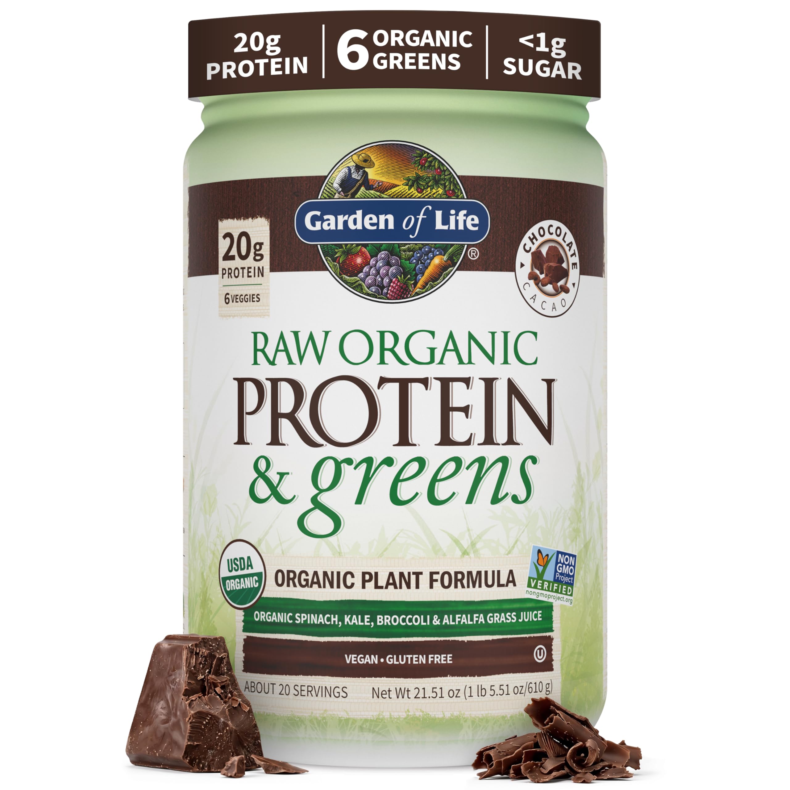 Garden of Life envase frontal chocolate mostrando certificaciones y beneficio nutritivo