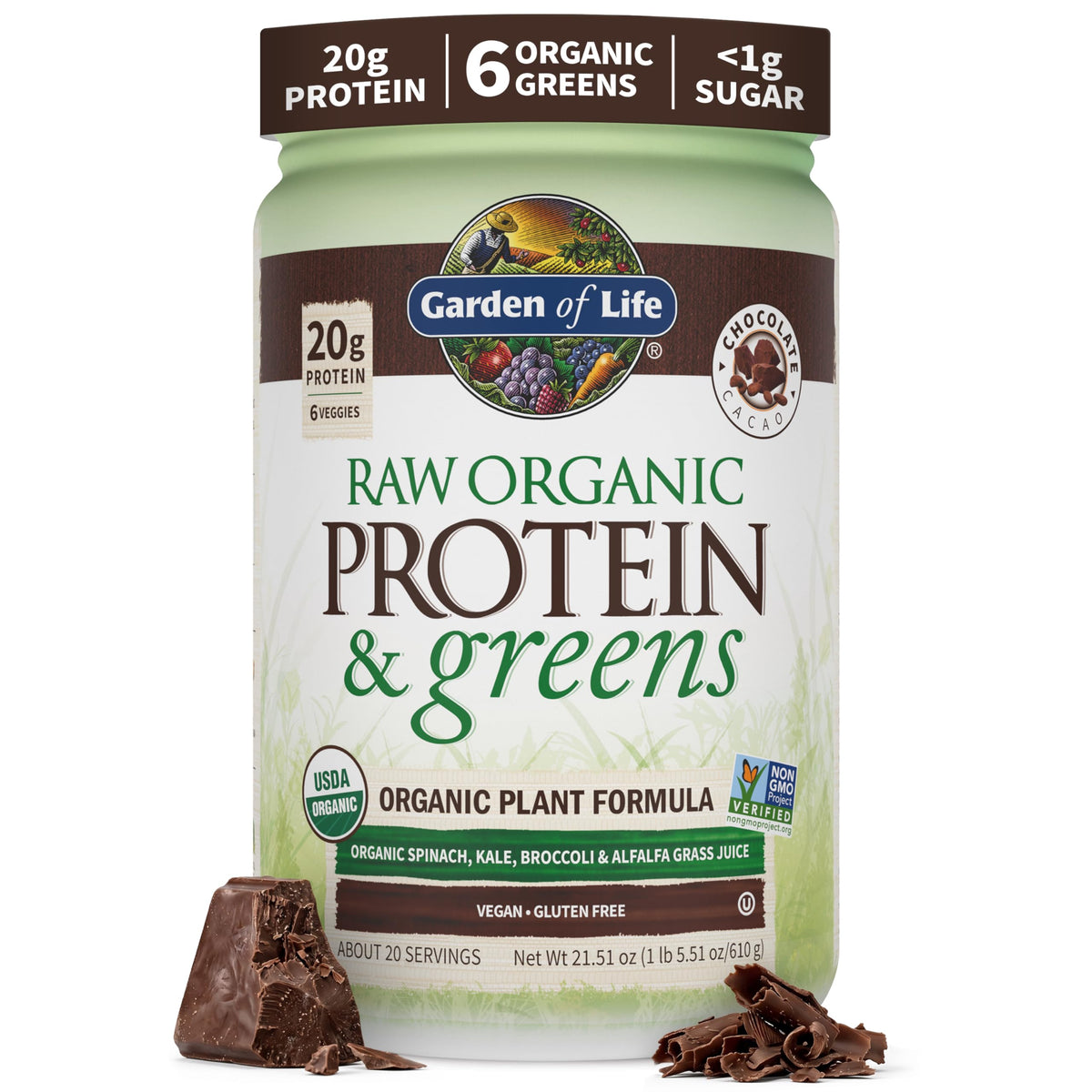 Garden of Life envase frontal chocolate mostrando certificaciones y beneficio nutritivo